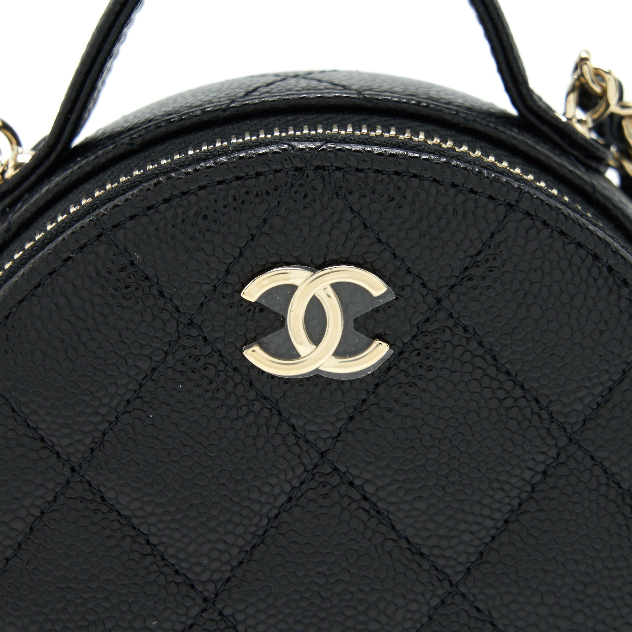 CHANEL 22C TOP HANDLE MINI ROUND VANITY ON CHAIN CAVIAR BLACK LGHW