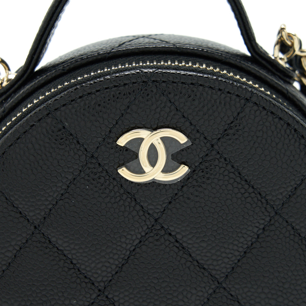 CHANEL 22C TOP HANDLE ROUND VANITY BLACK WITH CHAIN CAVIAR LGHW