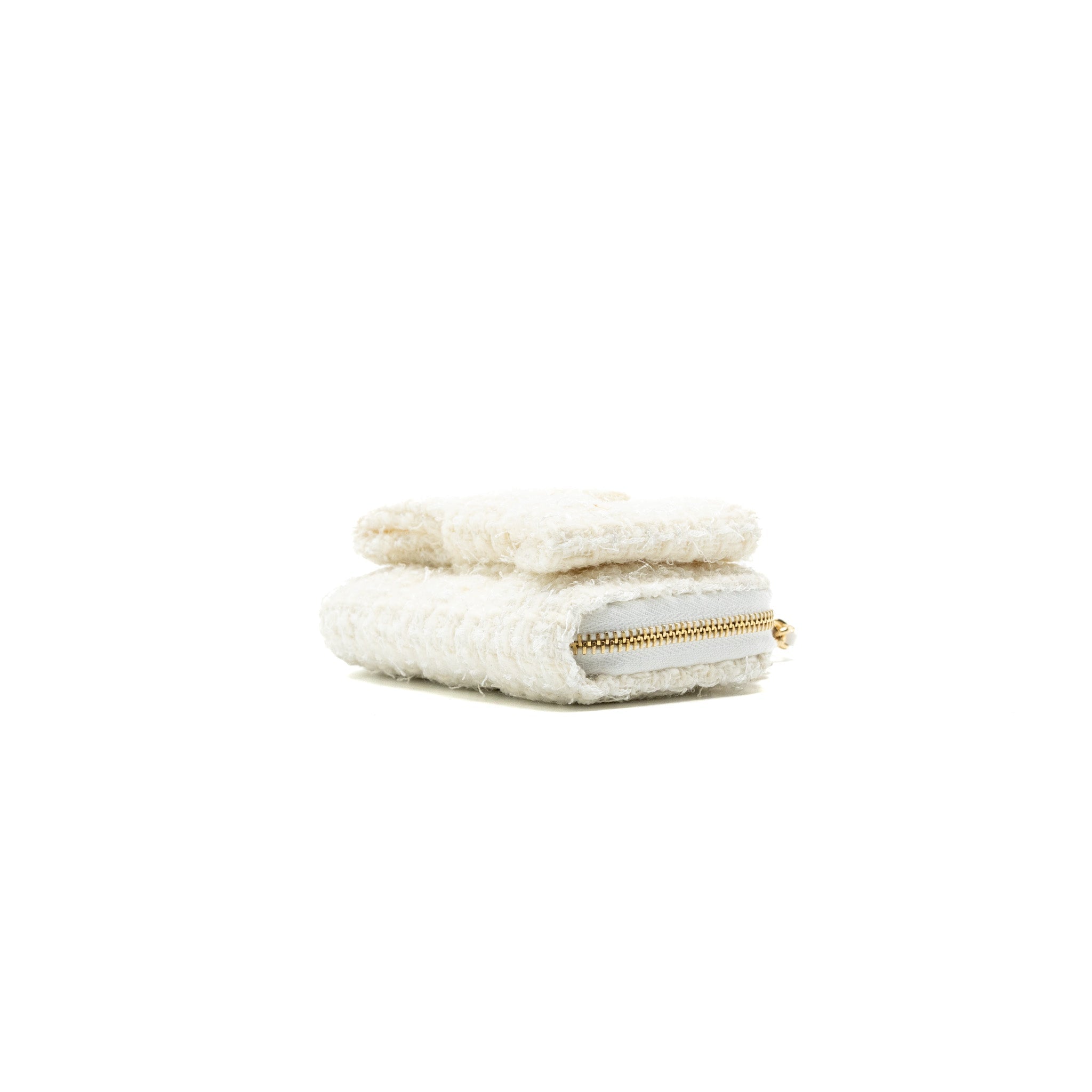 CHANEL MINI BOW CARD HOLDER WITH CHAIN TWEED WHITE LGHW(MICROCHIP)