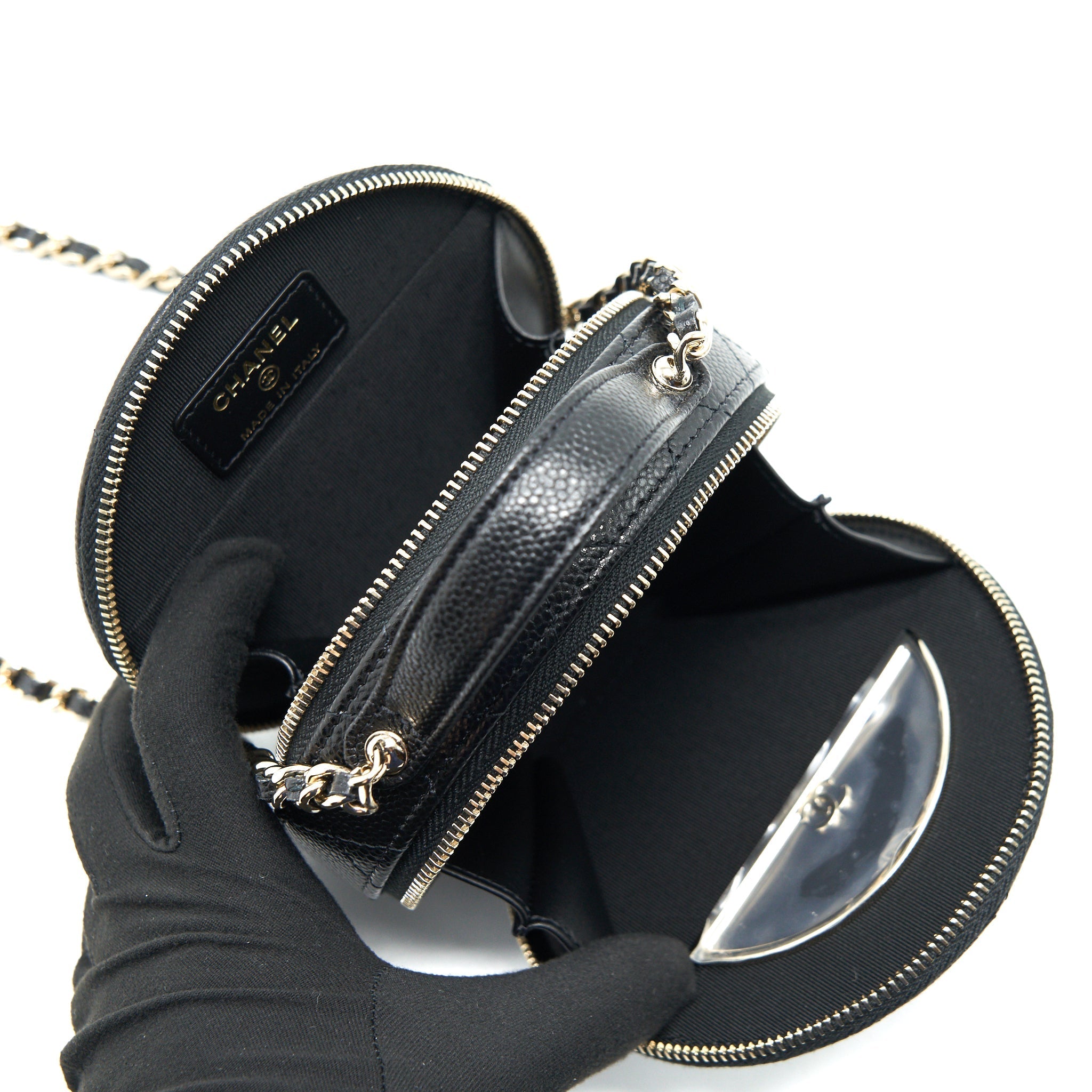 CHANEL 22C TOP HANDLE MINI ROUND VANITY ON CHAIN CAVIAR BLACK LGHW