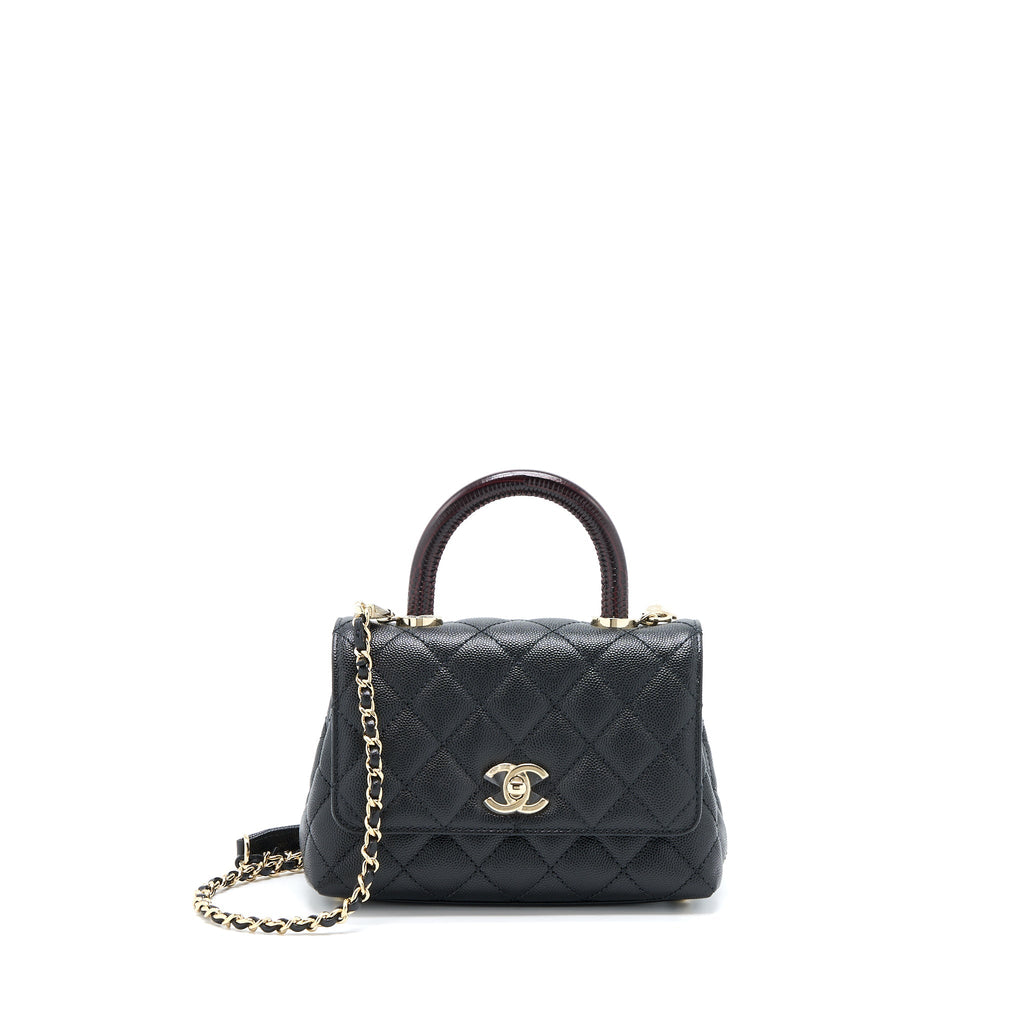 CHANEL MINI COCO HANDLE BAG WITH DARK RED HANDLE CAVIAR BLACK LGHW(MICROCHIP)