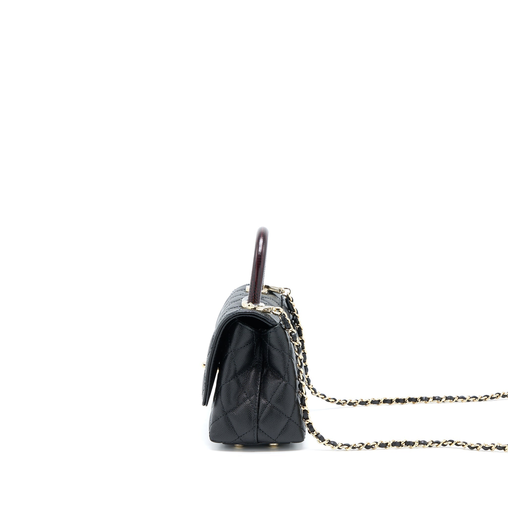 CHANEL MINI COCO HANDLE BAG WITH DARK RED HANDLE CAVIAR BLACK LGHW(MICROCHIP)