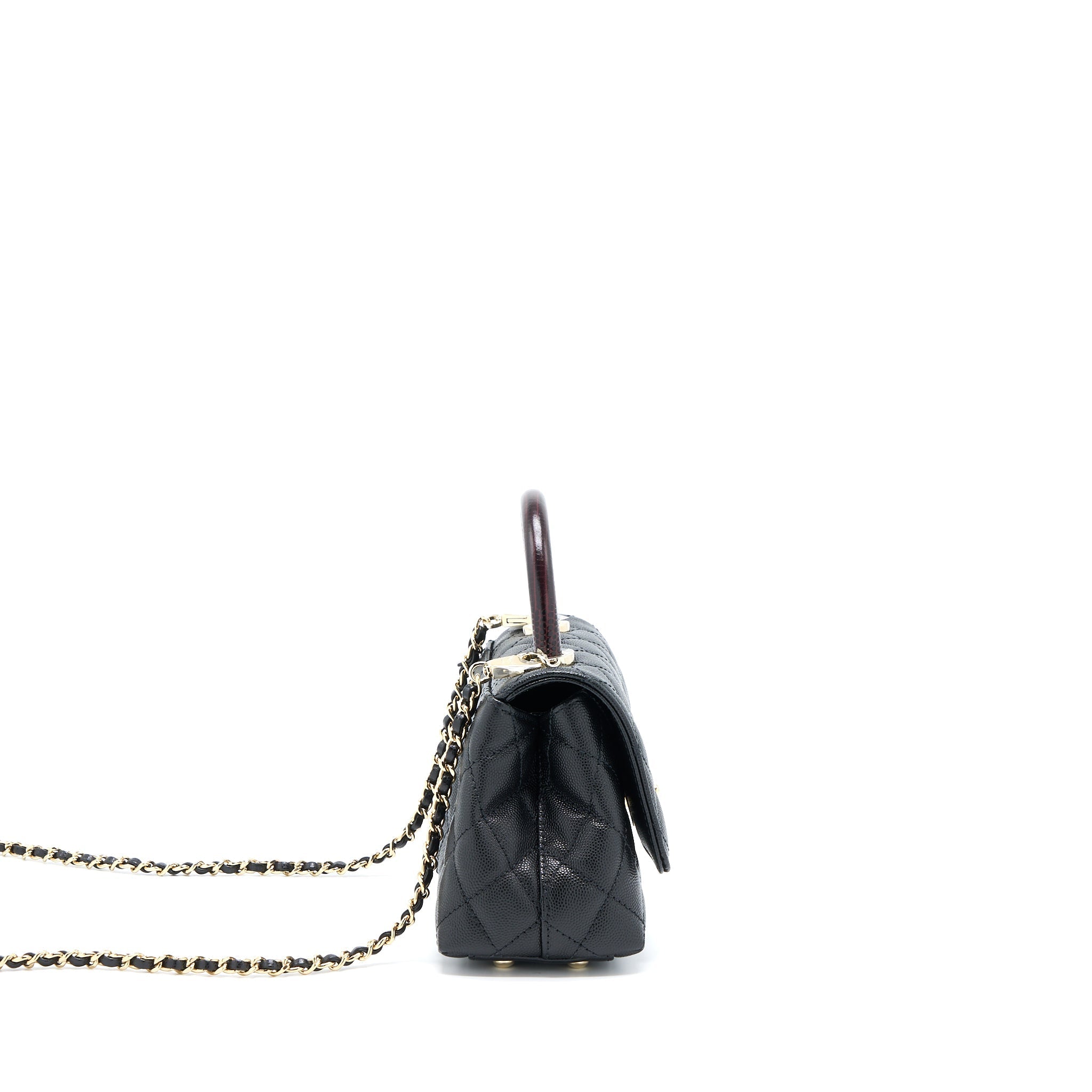 CHANEL MINI COCO HANDLE BAG WITH DARK RED HANDLE CAVIAR BLACK LGHW(MICROCHIP)