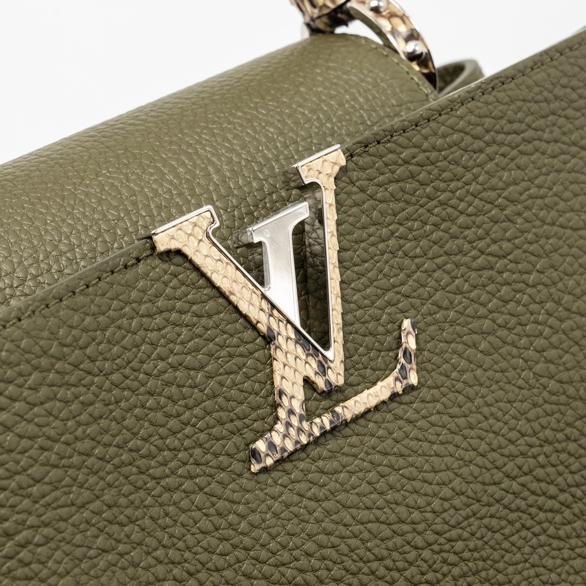 LOUIS VUITTON CAPUCINES MM CALFSKIN / PYTHON HANDLE MULTICOLOR OLIVE GREEEN / NATURAL SHW
