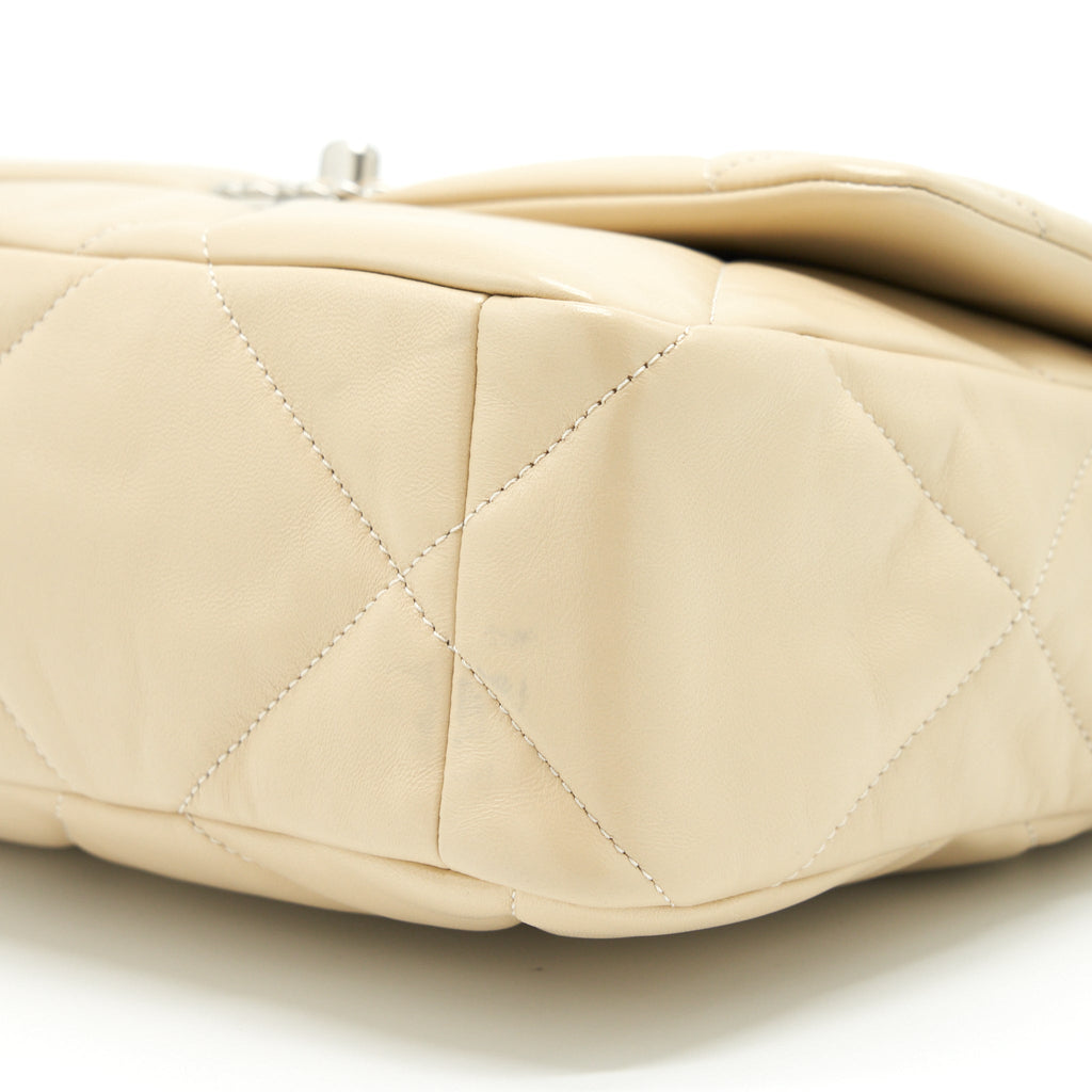 CHANEL MEDIUM 19 BAG QUILTED GOATSKIN LEATHER LIGHT BEIGE GOLD/SILVER HARDWARE (MICROCHIP)