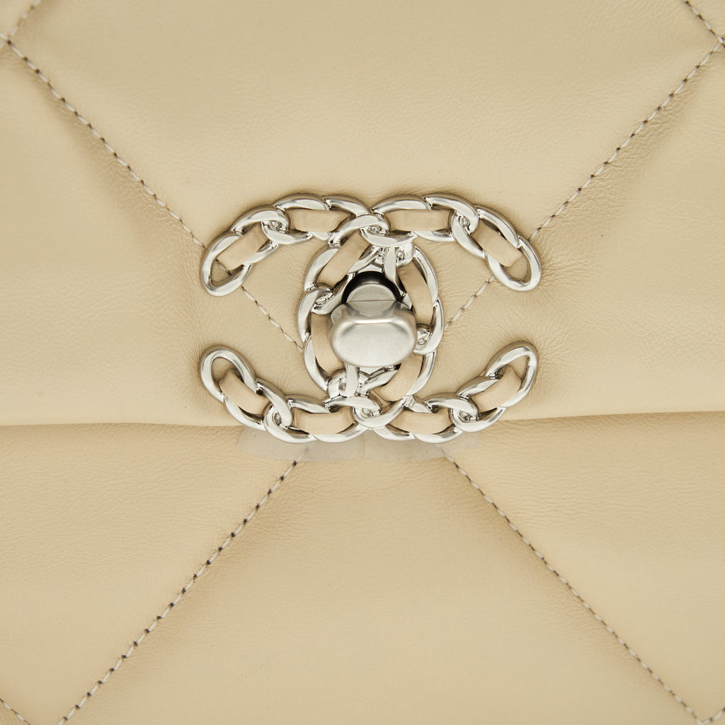 CHANEL MEDIUM 19 BAG QUILTED GOATSKIN LEATHER LIGHT BEIGE GOLD/SILVER HARDWARE (MICROCHIP)
