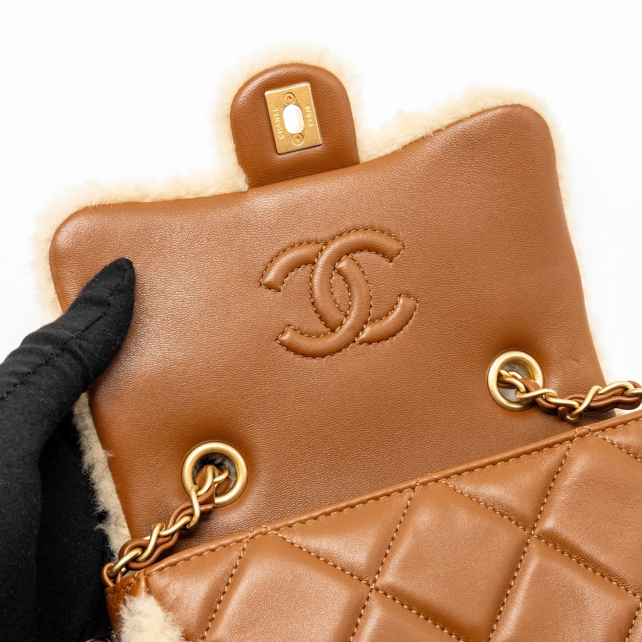 CHANEL MINI SHEARLING FLAP BAG LAMBSKIN DARK BROWN GHW (MICROCHIP)