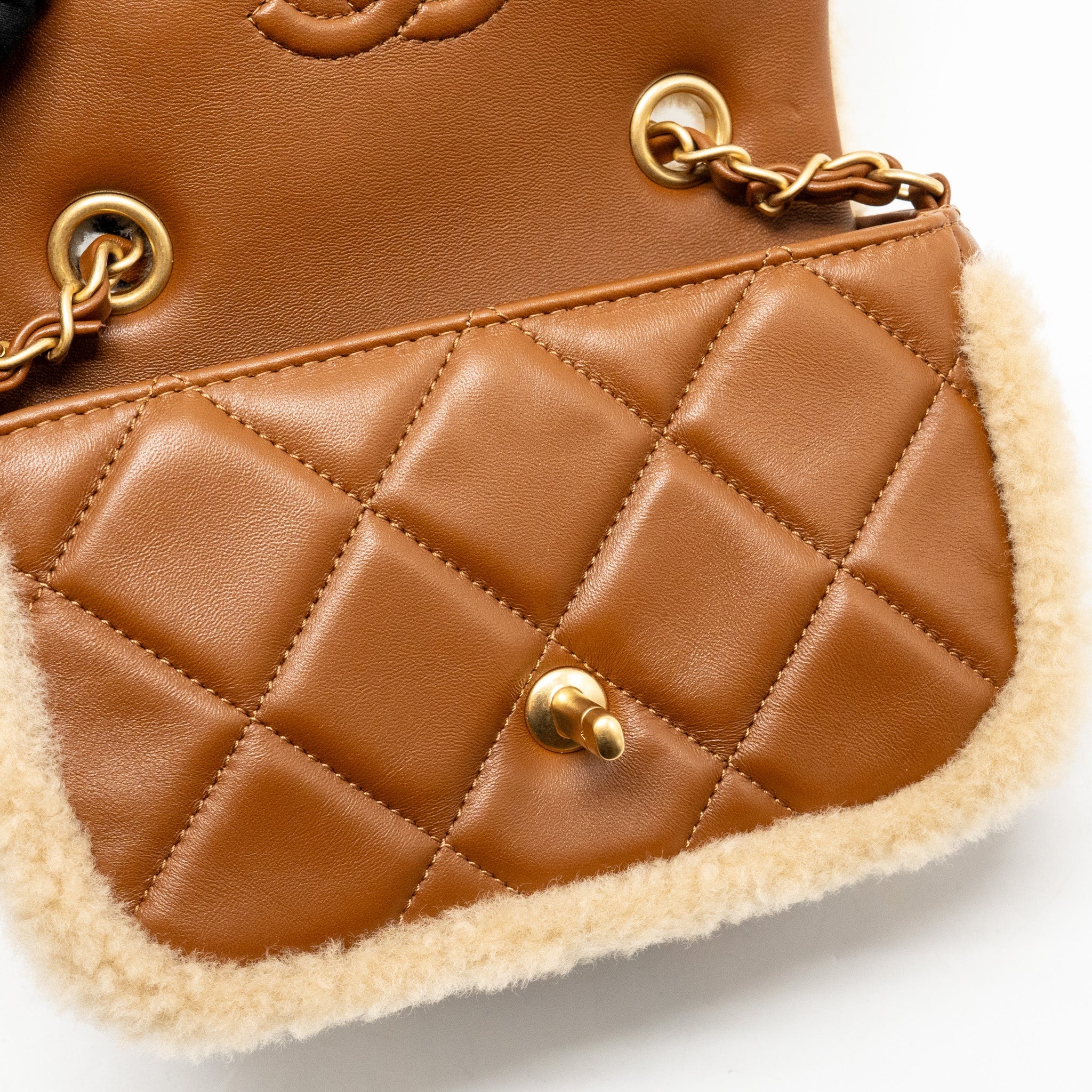 CHANEL MINI SHEARLING FLAP BAG LAMBSKIN DARK BROWN GHW (MICROCHIP)
