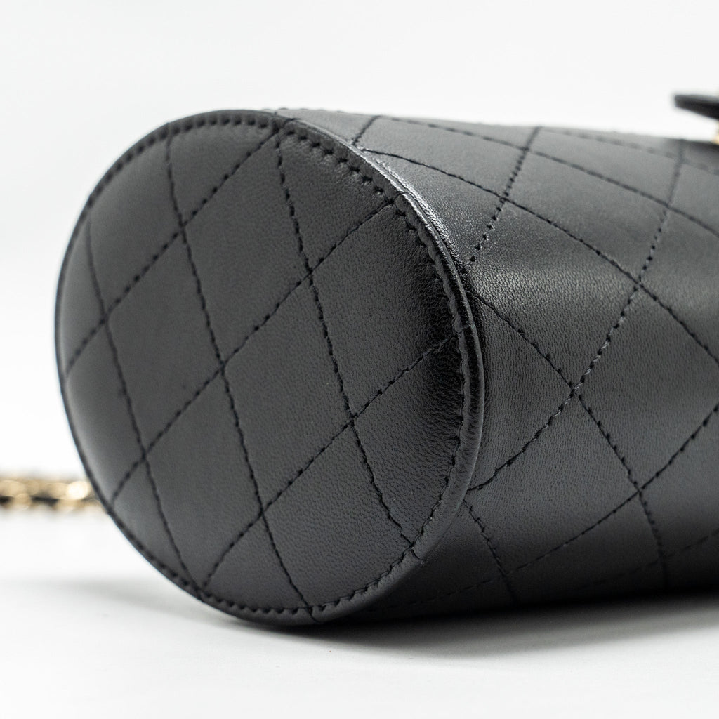 CHANEL CC ROUND VANITY CASE WITH CHAIN LAMBSKIN BLACK LGHW