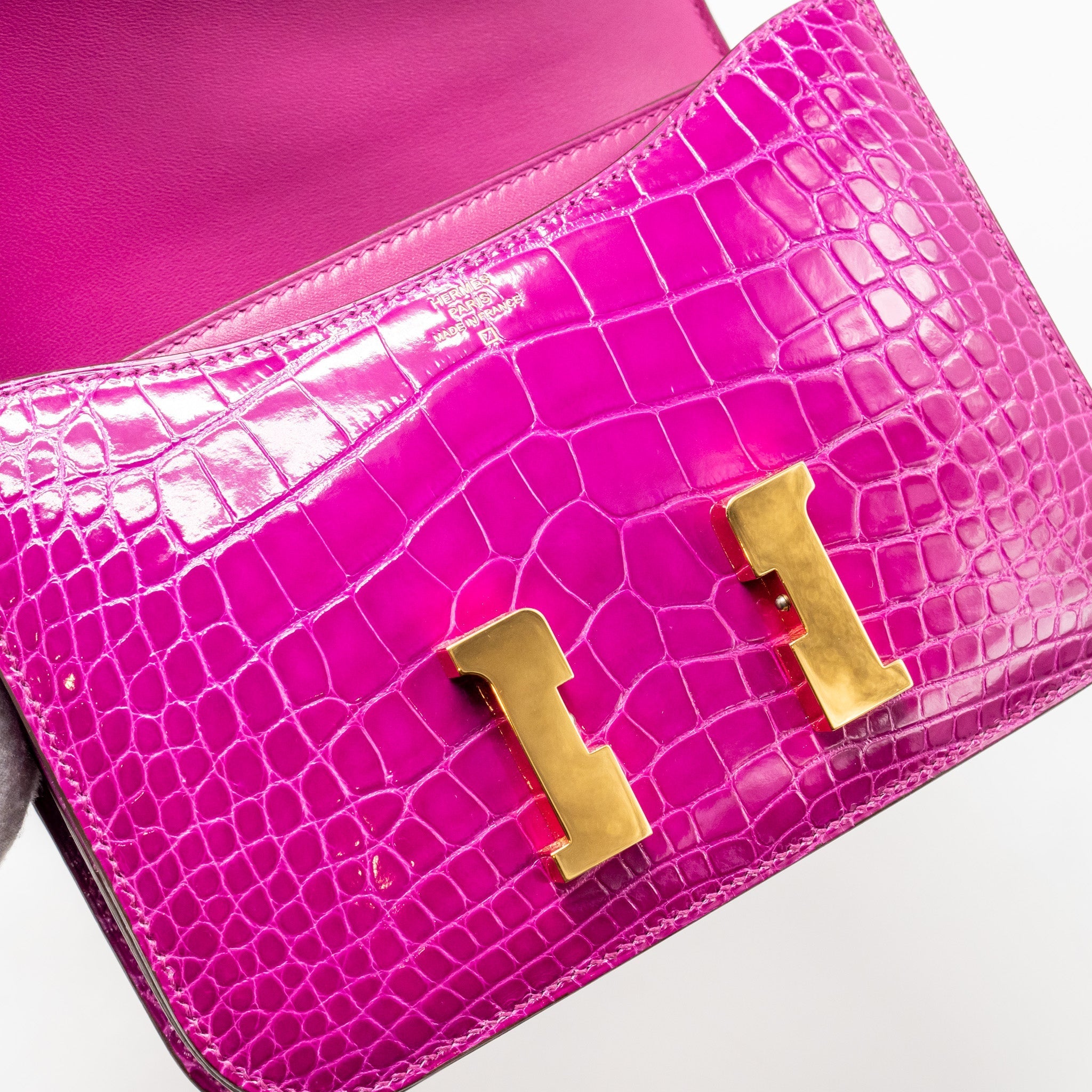 HERMES MINI CONSTANCE SHINY ALLIGATOR MISSIPPIENS J5 ROSE SHEHERARADEZ GHW