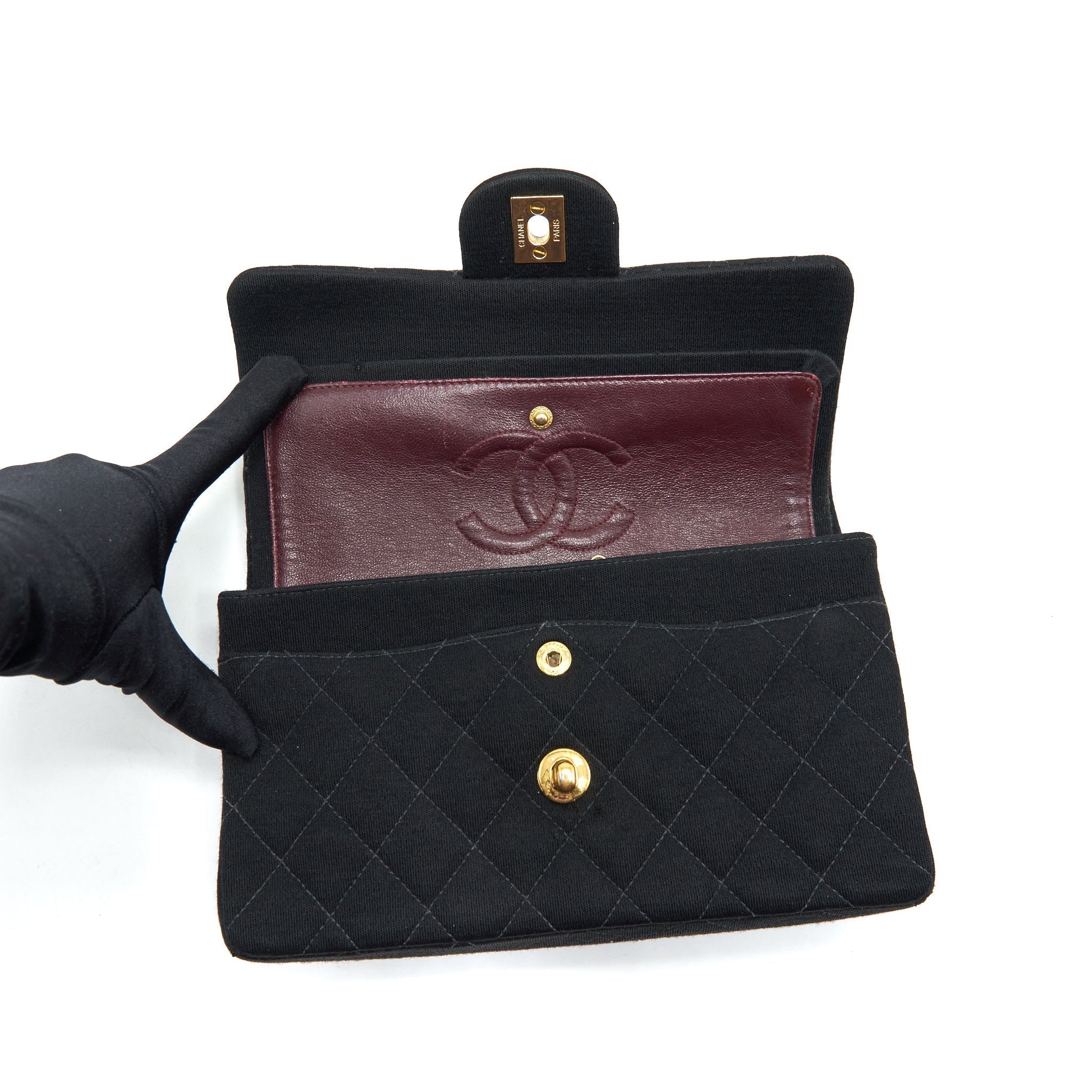 CHANEL VINTAGE SMALL CLASSIC FLAP BAG FABRIC BLACK RUTHENIUM GHW