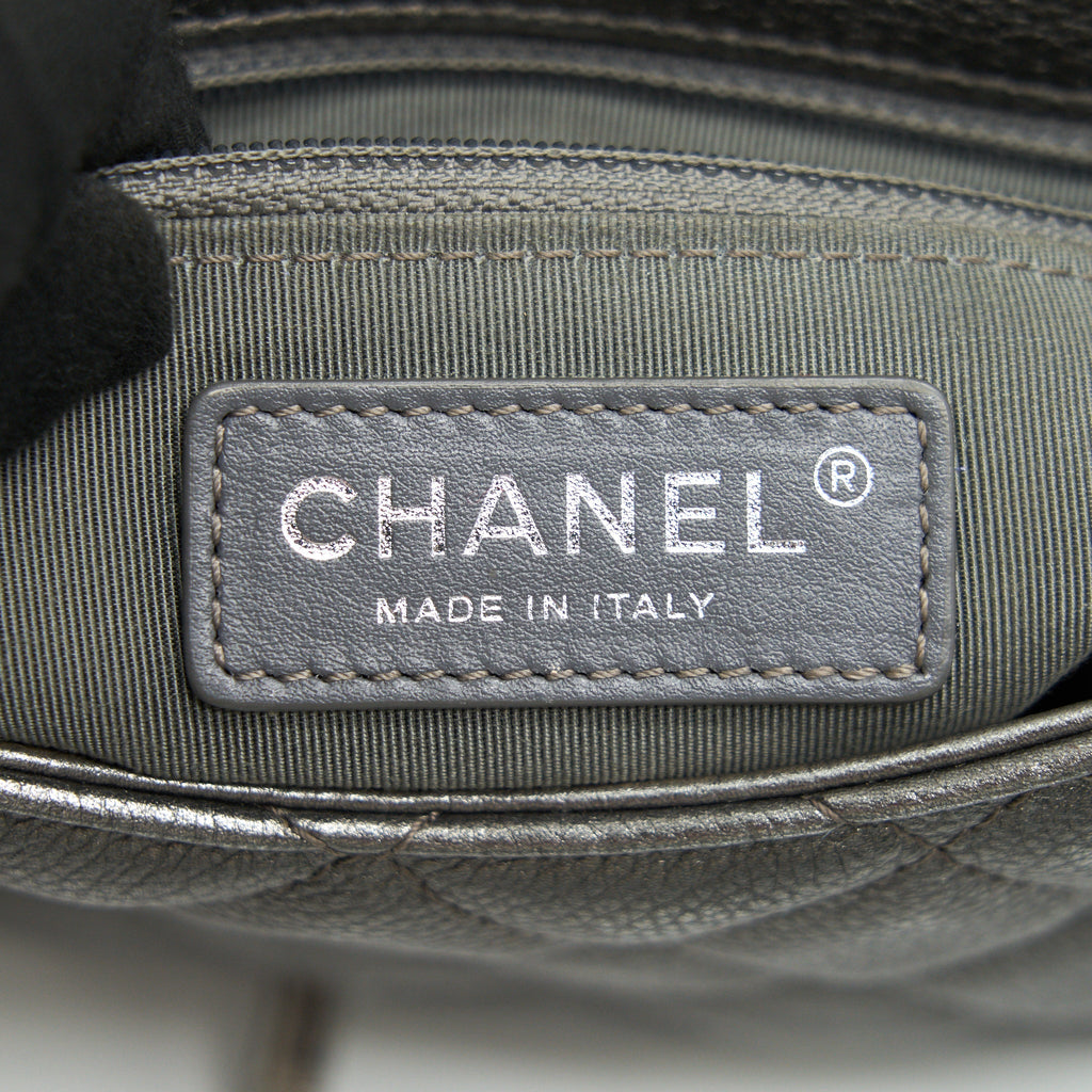 CHANEL CC LOGO QUILTED CALFSKIN FLAP BAG IN METALLIC DARK GREY