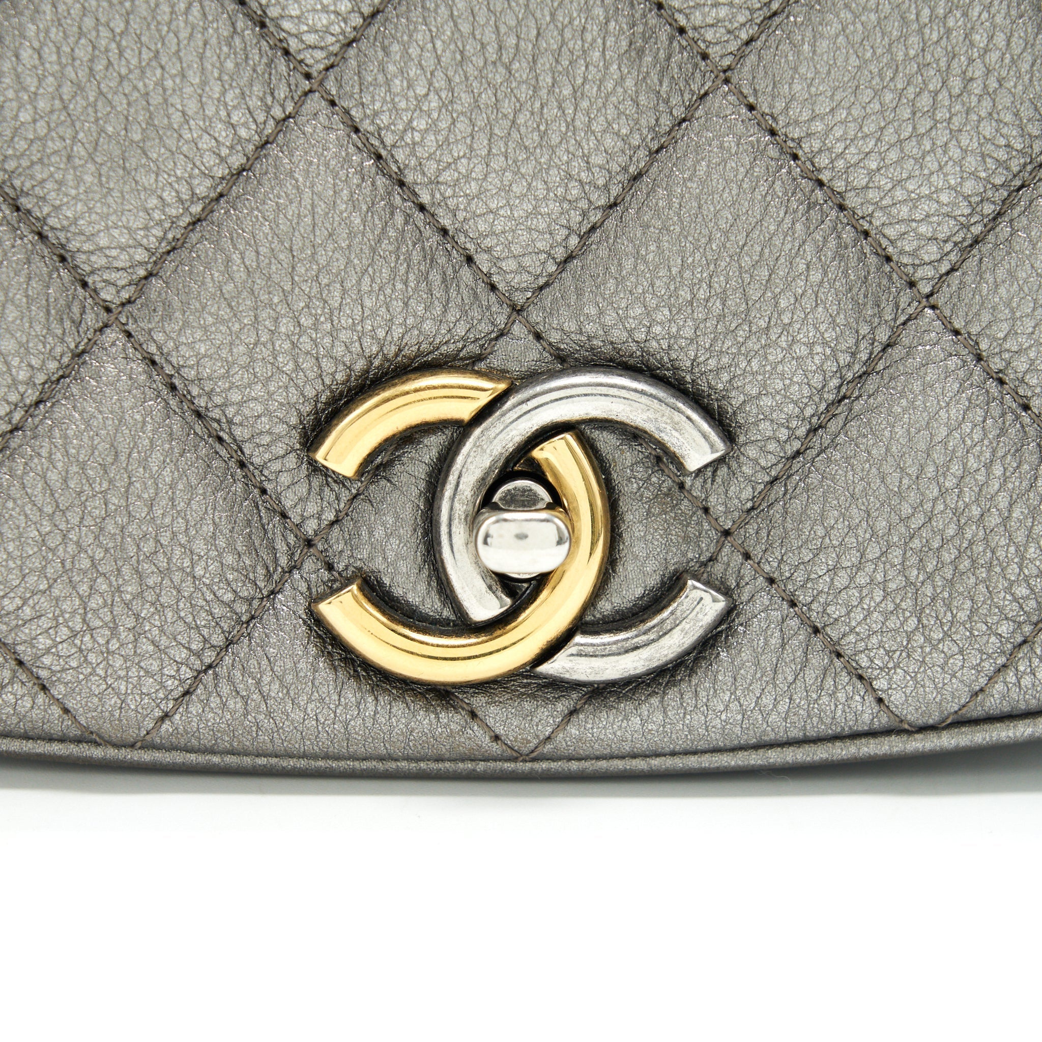 CHANEL CC LOGO QUILTED CALFSKIN FLAP BAG IN METALLIC DARK GREY