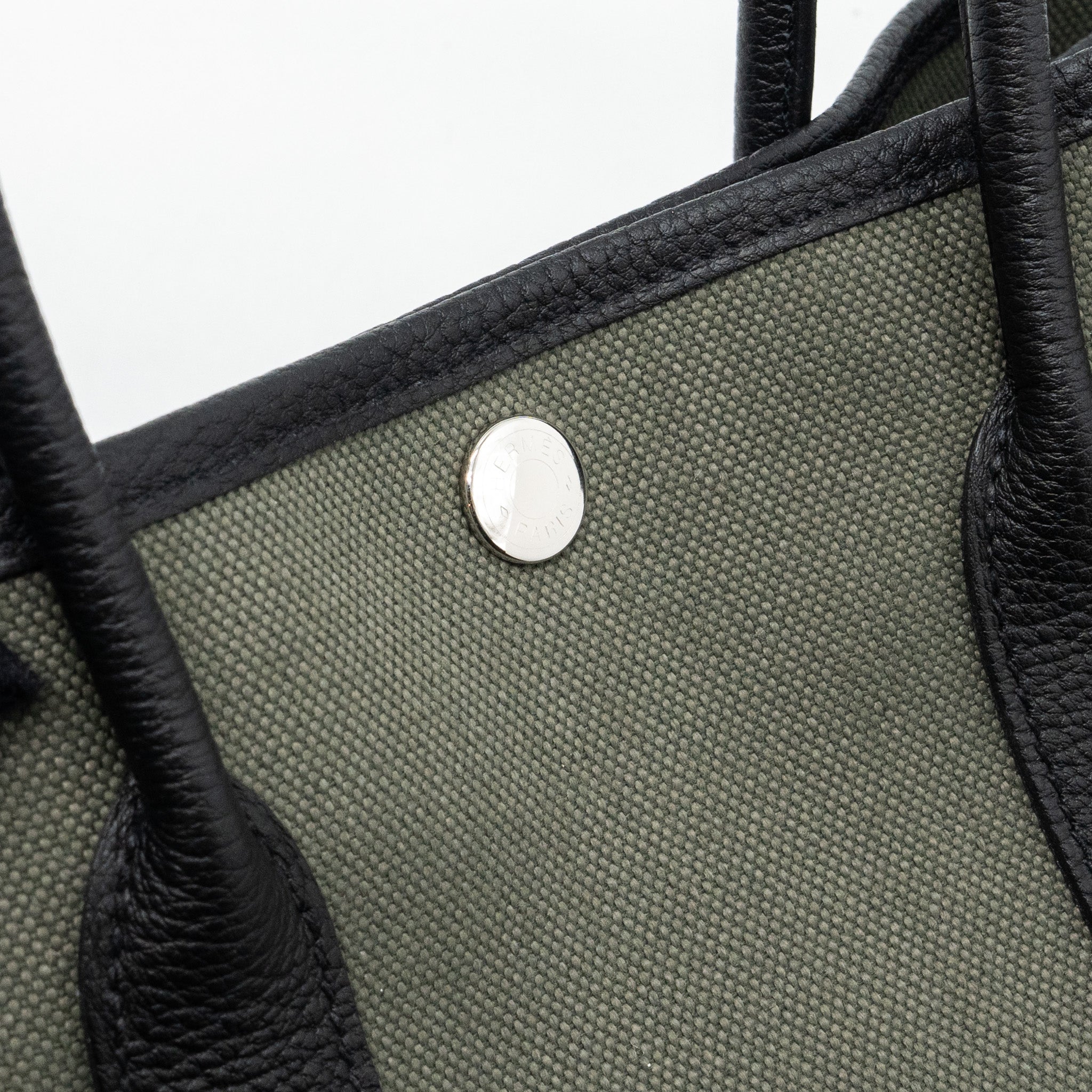 HERMES GARDEN PARTY 30 TOILE MILITAIRE/NEGONDA VERT DE GRIS/BLACK SHW
