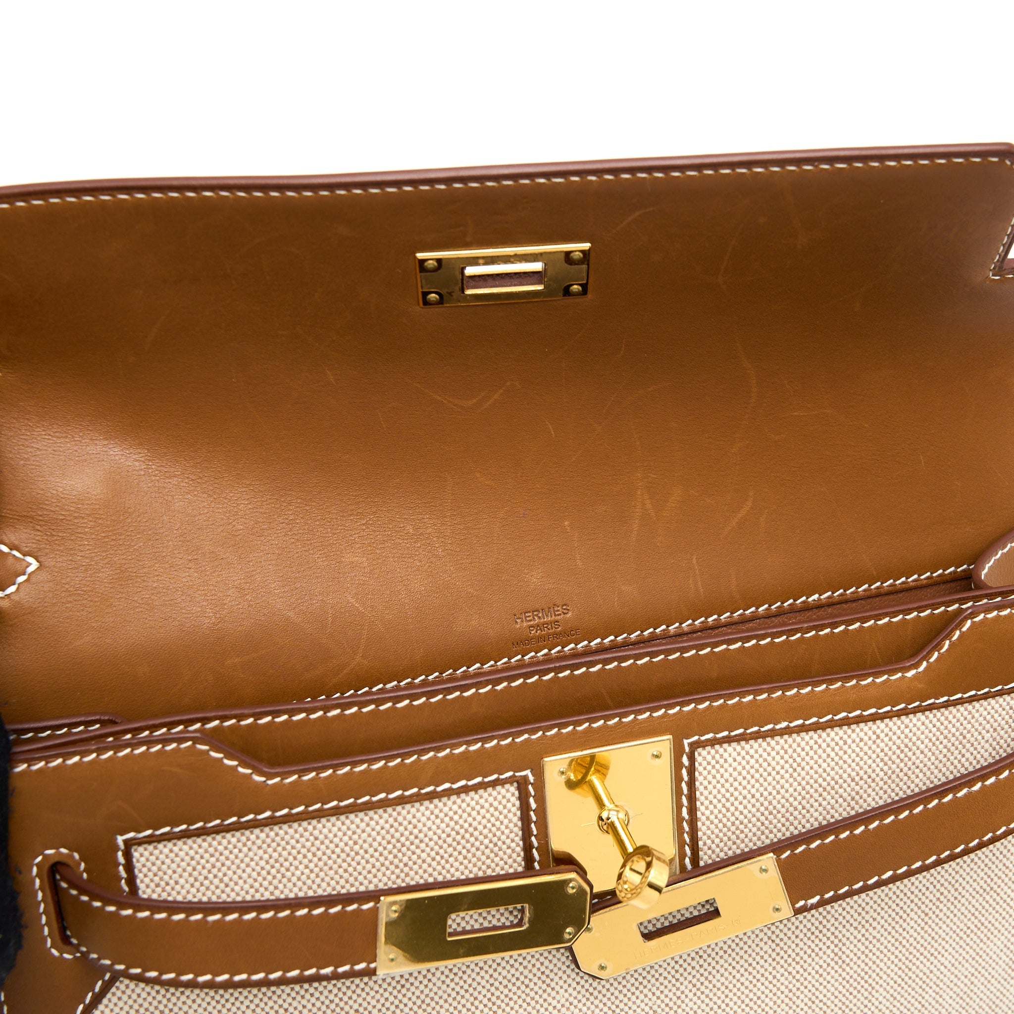 HERMES POCHETTE KELLY DEPECHES 25 CANVAS/BARENIA ECRU BEIGE/FAUVE GHW