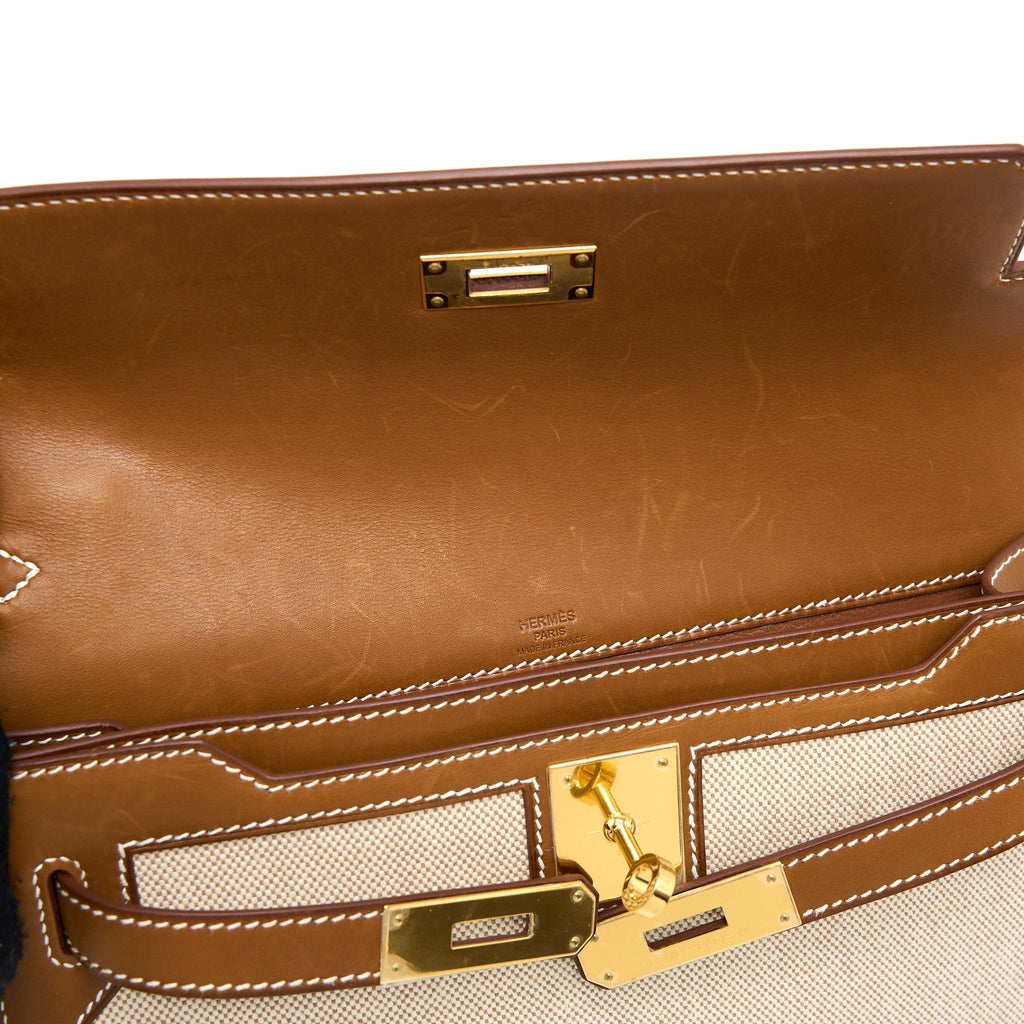 HERMES POCHETTE KELLY DEPECHES 25 CANVAS AND BARENIA, ECRU/ BEIGE / FAUVE GHW