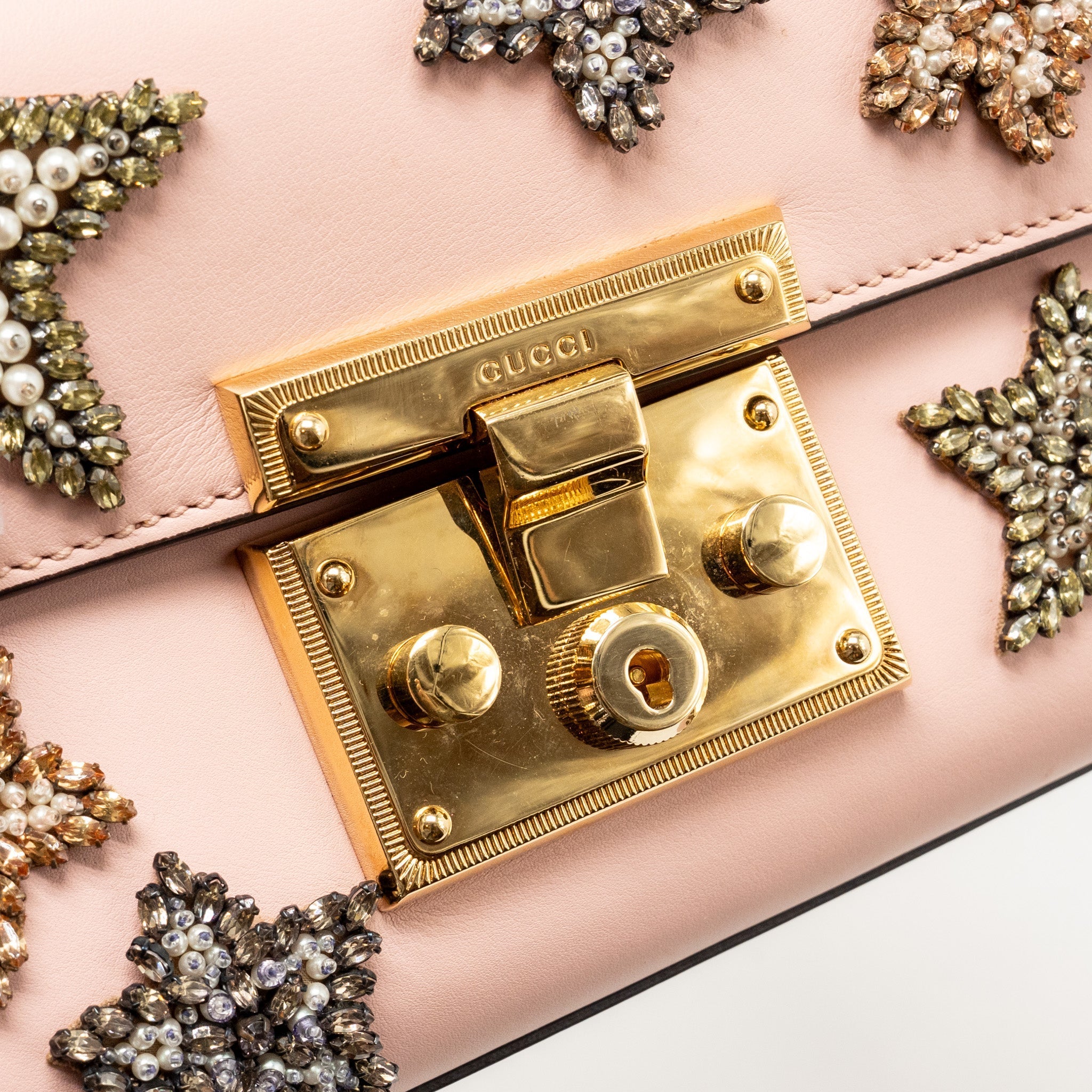 GUCCI PADLOCK CHAIN BAG CRYSTAL STARS CALFSKIN PINK GHW