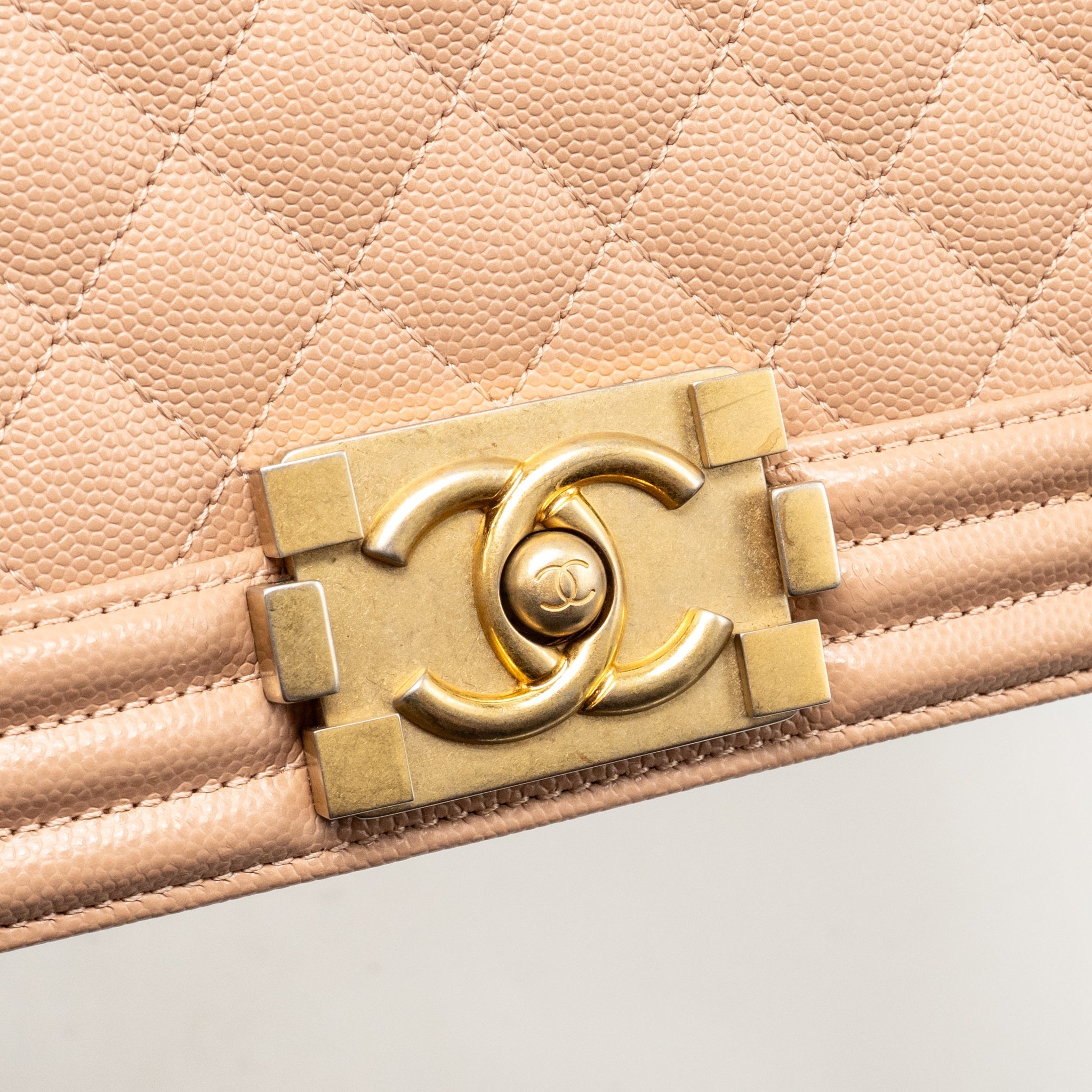 CHANEL MEDIUM BOY BAG GRAINED CALFSKIN BEIGE GHW