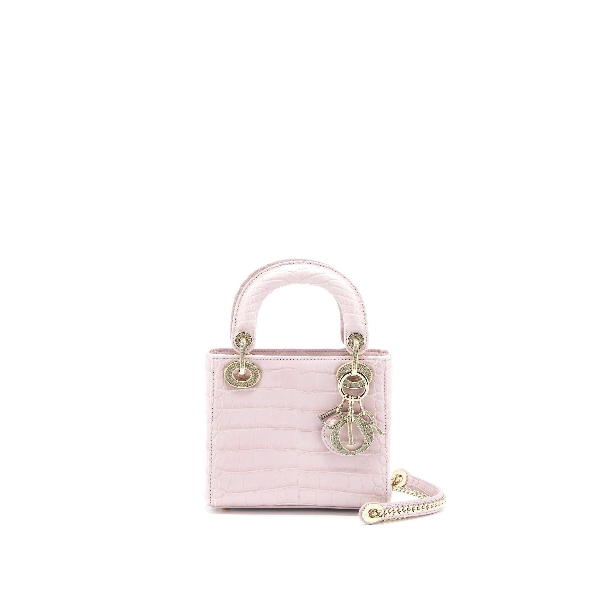 DIOR MINI LADY DIOR ALLIGATOR MISSISSIPPIENSIS LIGHT PINK CRYSTAL LGHW
