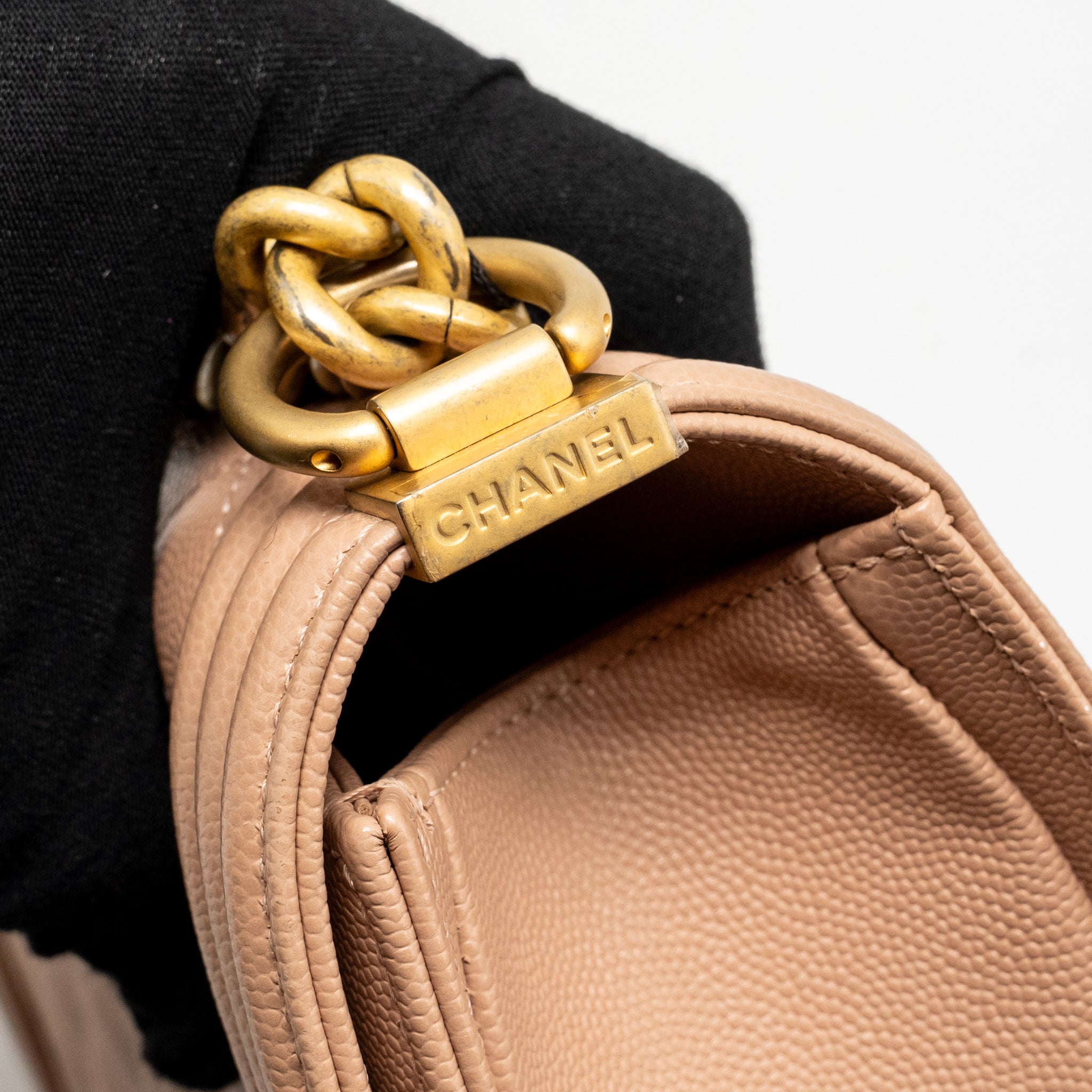 CHANEL MEDIUM BOY BAG GRAINED CALFSKIN BEIGE GHW