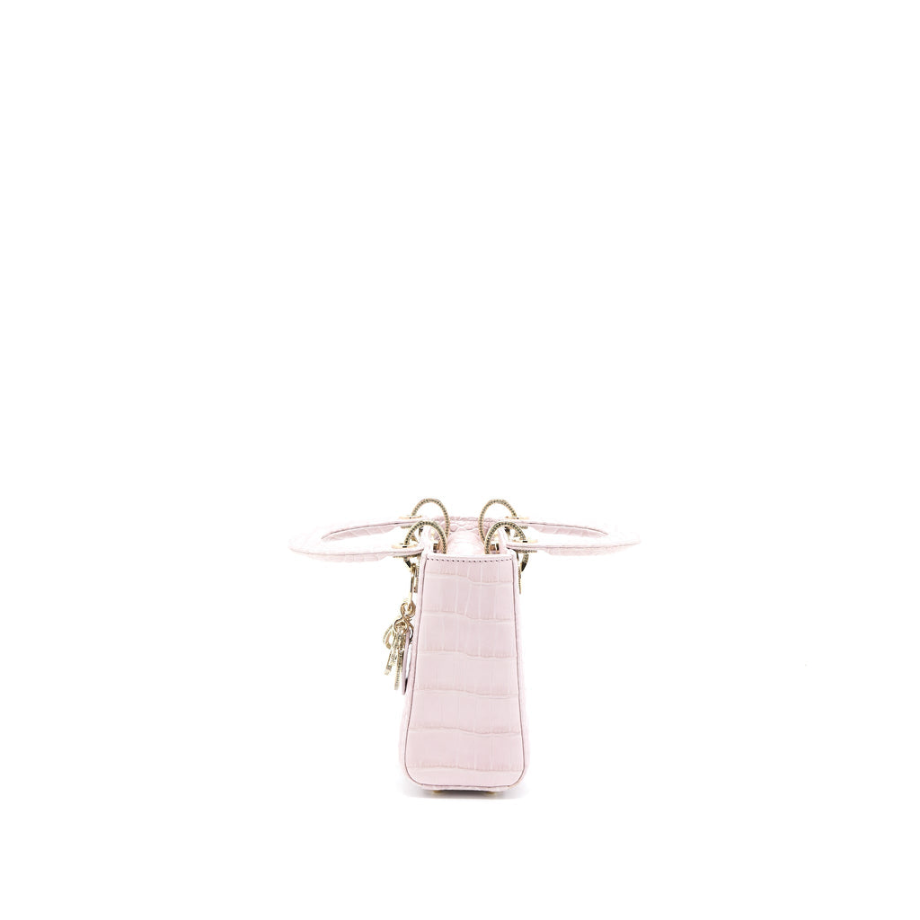 DIOR MINI LADY DIOR ALLIGATOR MISSISSIPPIENSIS LIGHT PINK CRYSTAL LGHW