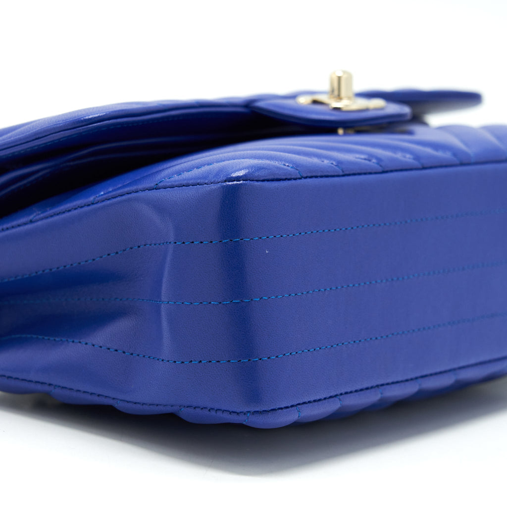 CHANEL SMALL CLASSIC FLAP BAG CHEVRON LAMBSKIN BLUE LGHW
