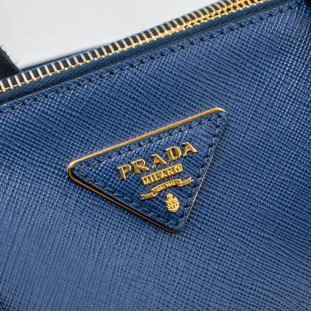PRADA DOUBLE ZIP TOTE BAG SAFFIANO CALFSKIN BLUE GHW