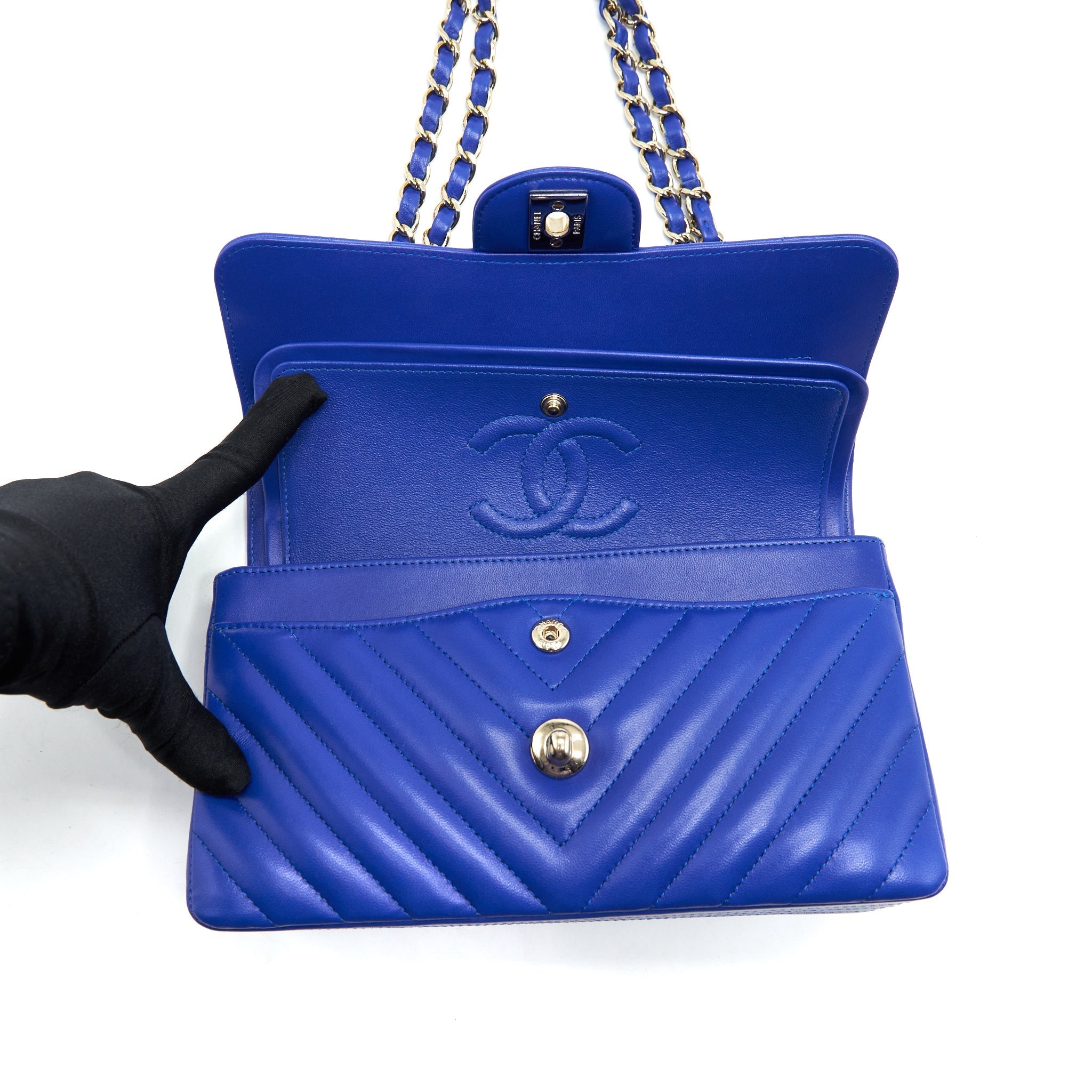 CHANEL SMALL CLASSIC FLAP BAG CHEVRON LAMBSKIN BLUE LGHW