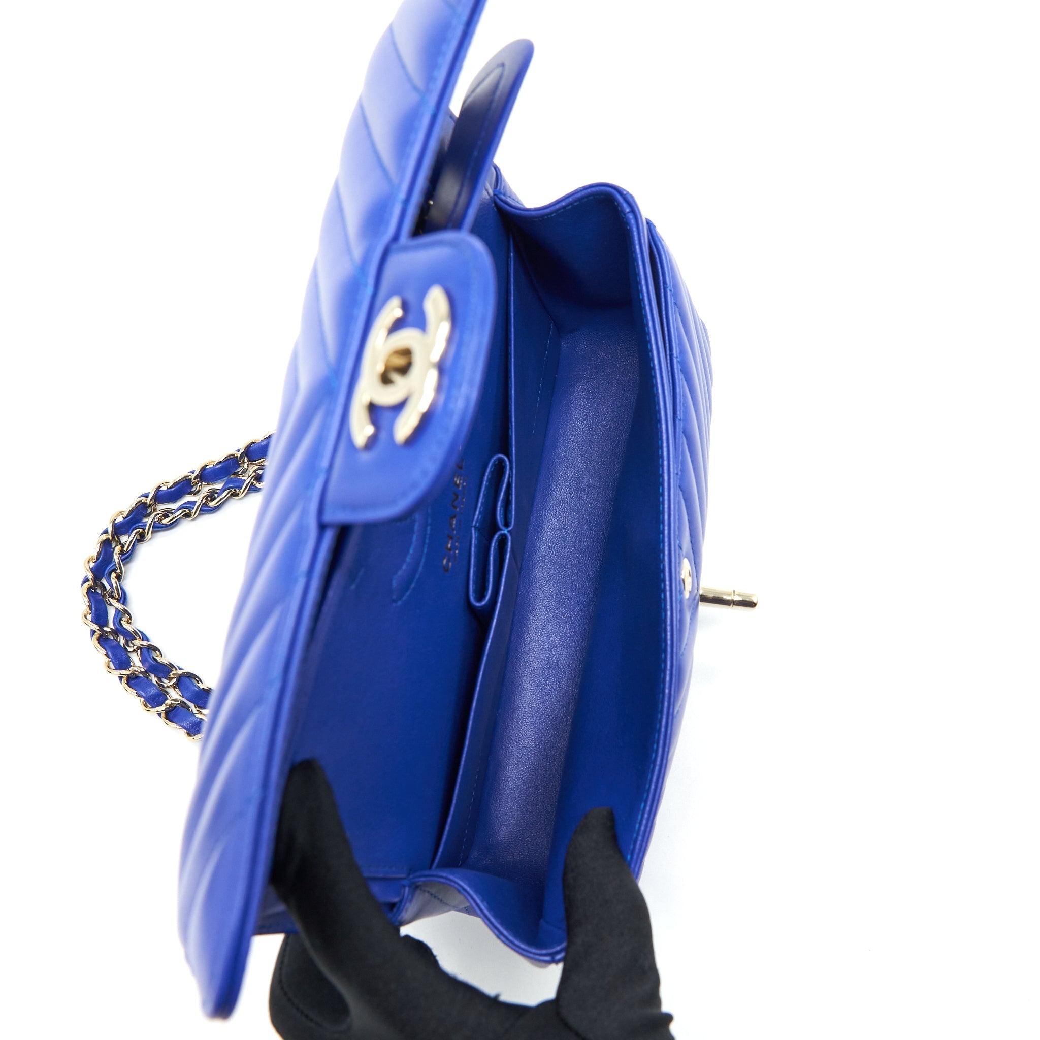 CHANEL SMALL CLASSIC FLAP BAG CHEVRON LAMBSKIN BLUE LGHW