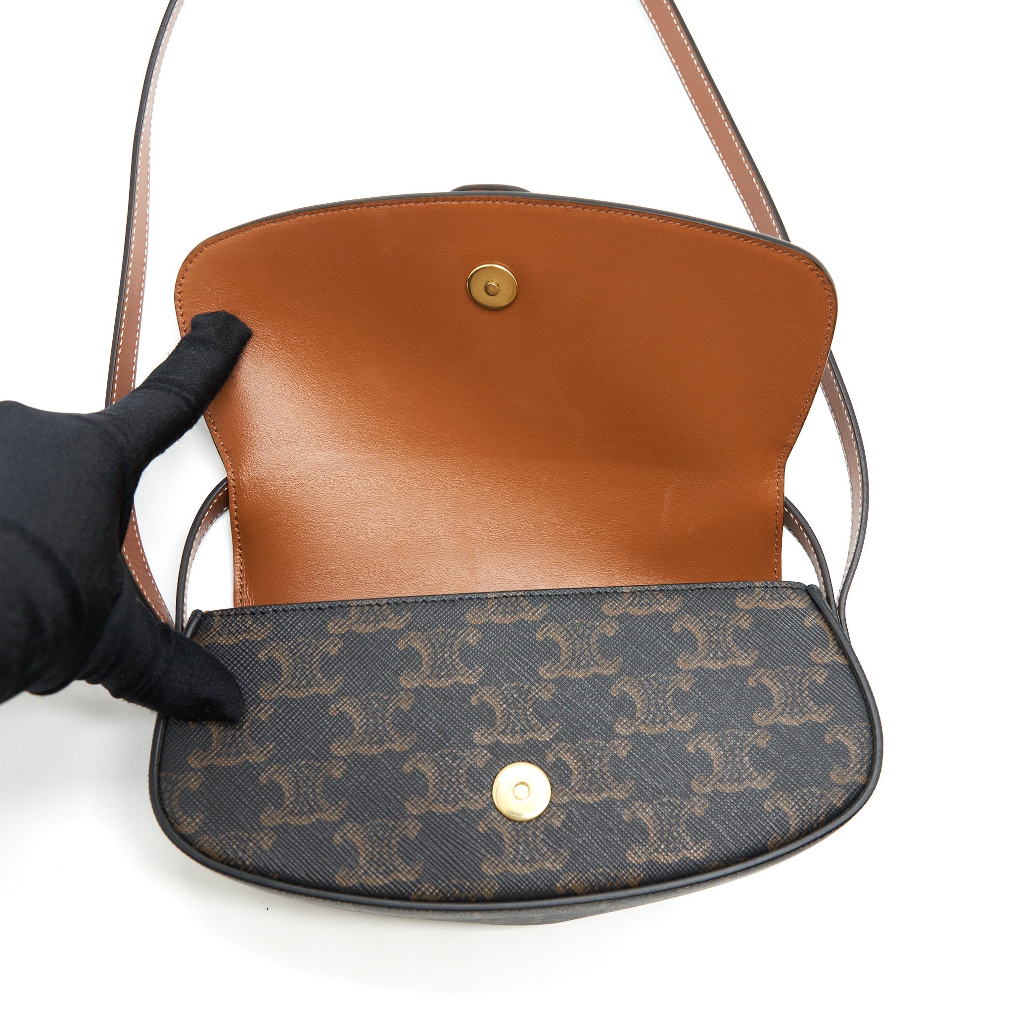 CELINE CLUTCH ON STRAP IN TRIUMPHED CANVAS/CALFSKIN TAN GHW