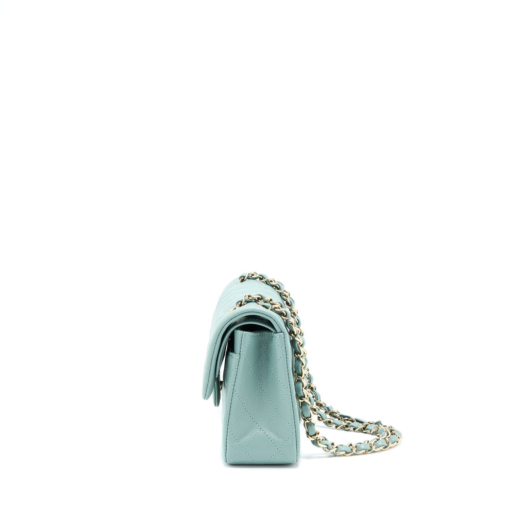 CHANEL 22C SMALL CLASSIC DOUBLE FLAP BAG CAVIAR NG124 GREYISH GREEN LGHW (MICROCHIP)