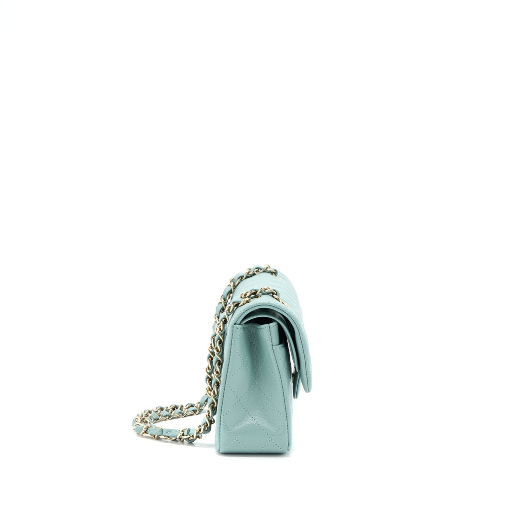 CHANEL 22C SMALL CLASSIC DOUBLE FLAP BAG CAVIAR NG124 GREYISH GREEN LGHW (MICROCHIP)