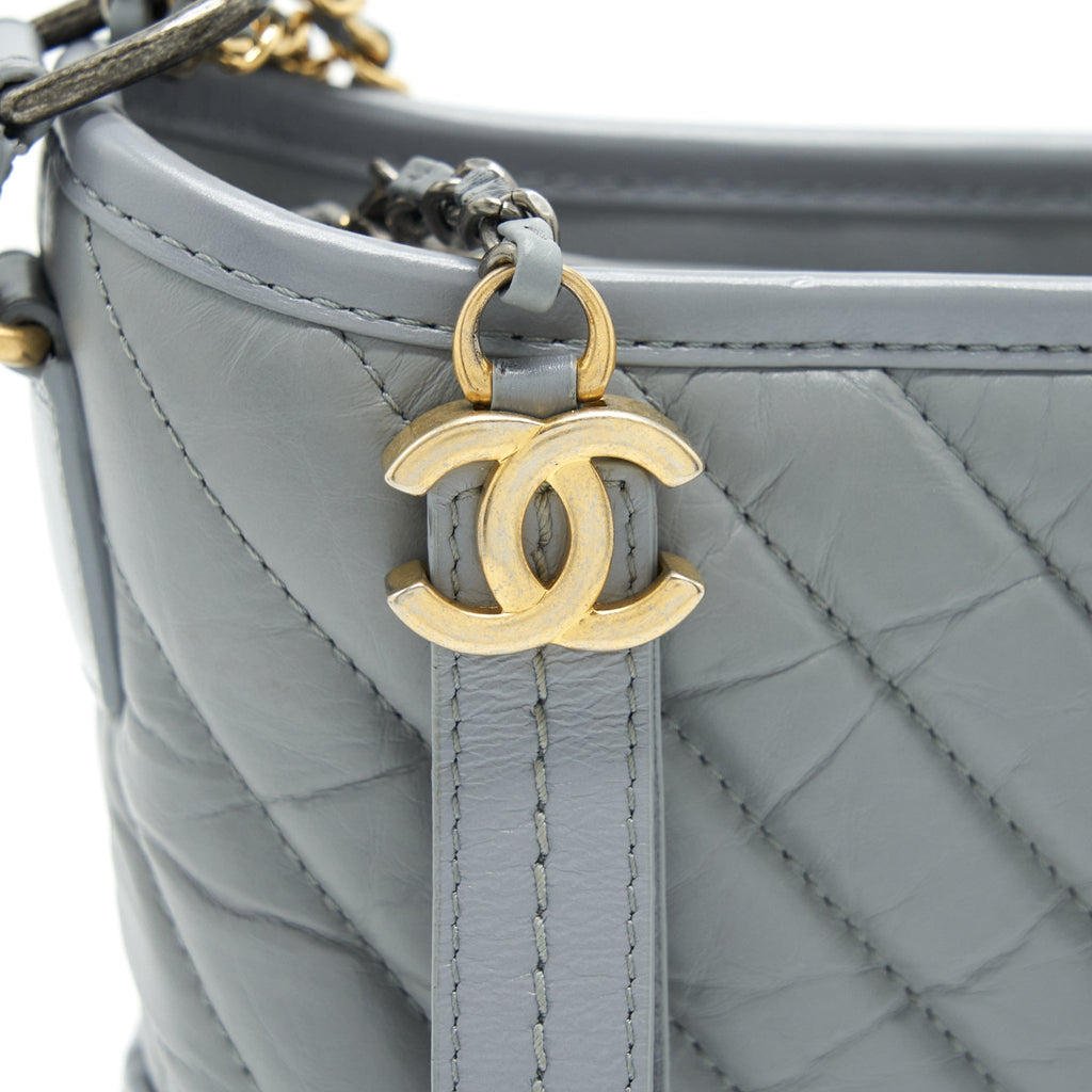 CHANEL SMALL GABRIELLE HOBO BAG CHEVRON AGED CALFSKIN RUTHENIUM GOLD/SILVER HARDWARE