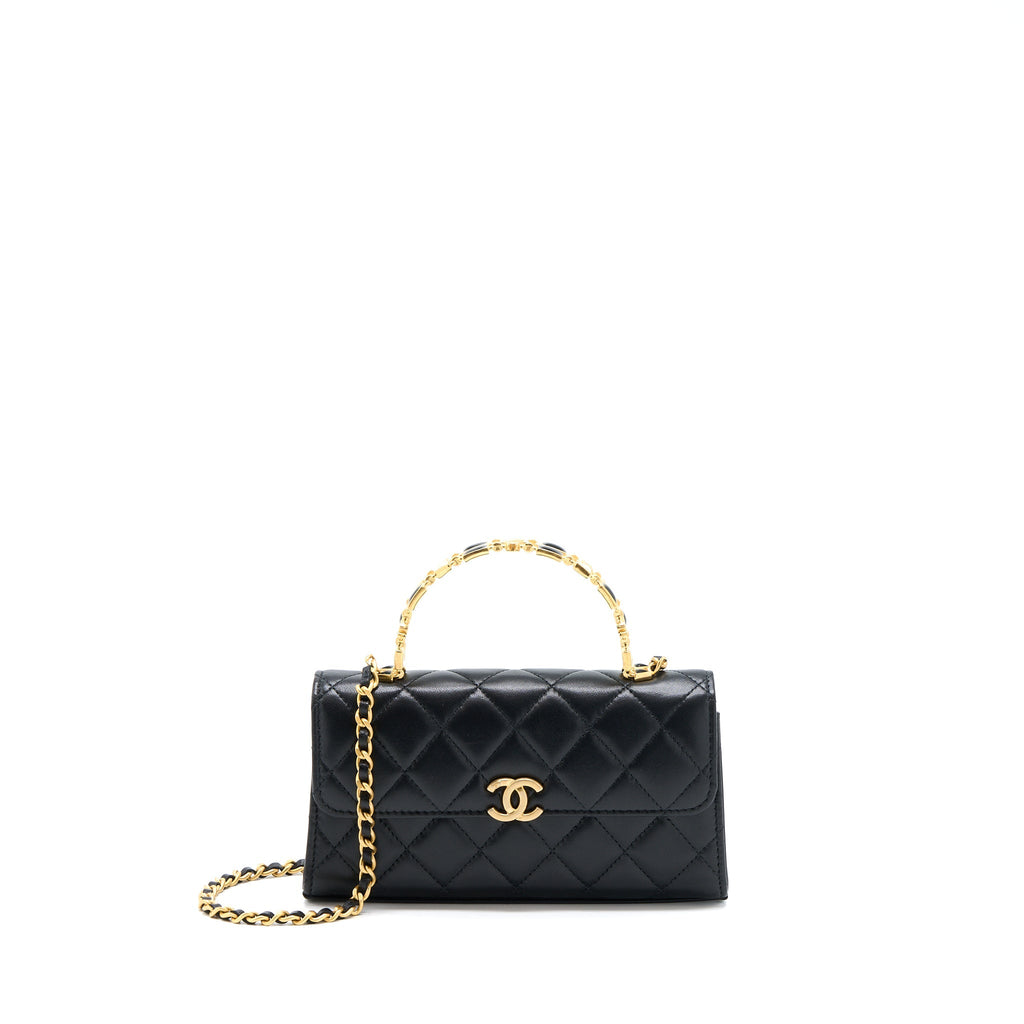 CHANEL 22B FLAP BAG WITH ENAMEL TOP HANDLE LAMBSKIN BLACK GHW