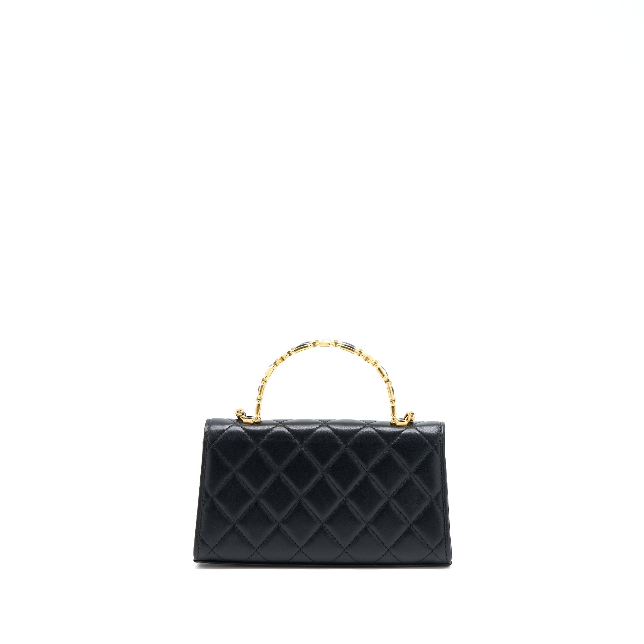 CHANEL 22B FLAP BAG WITH ENAMEL TOP HANDLE LAMBSKIN BLACK GHW