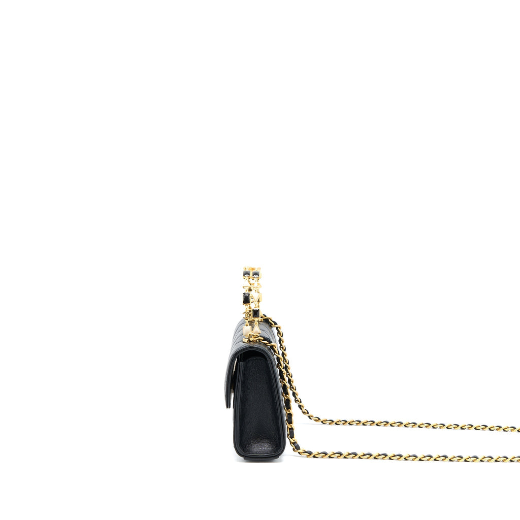 CHANEL 22B FLAP BAG WITH ENAMEL TOP HANDLE LAMBSKIN BLACK GHW