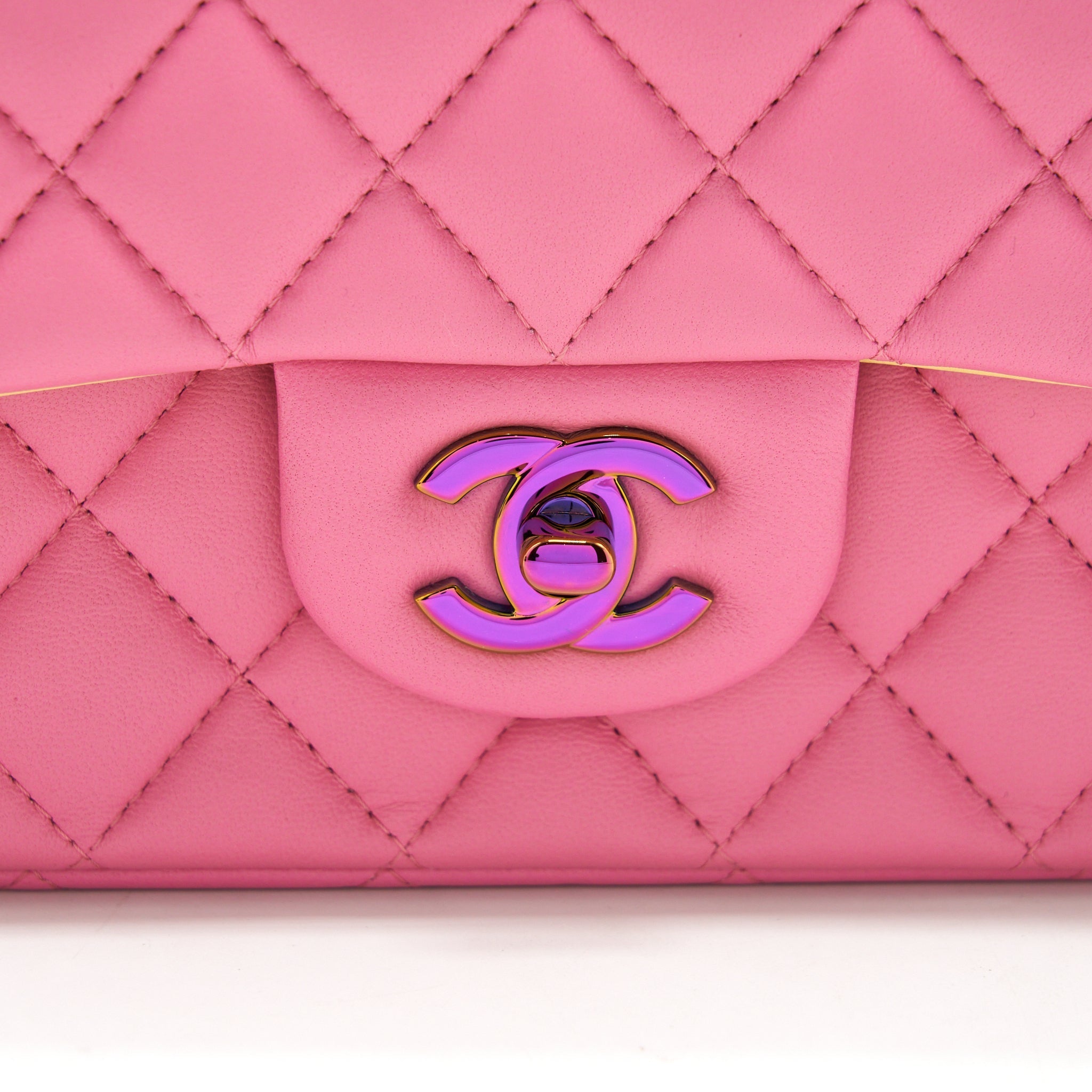 CHANEL MINI RECTANGULAR FLAP BAG LAMBSKIN PINK WITH RAINBOW HARDWARE