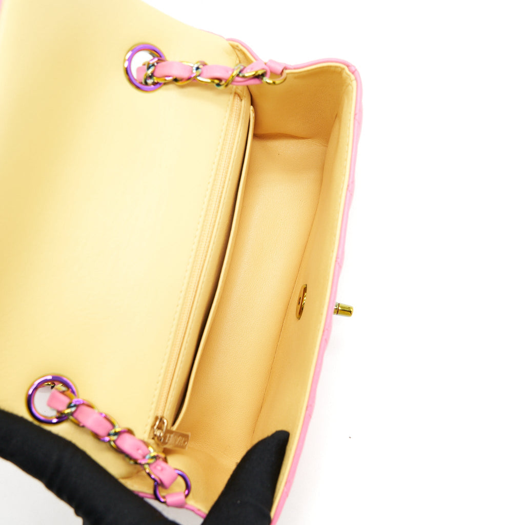 CHANEL MINI RECTANGULAR FLAP BAG LAMBSKIN PINK WITH RAINBOW HARDWARE