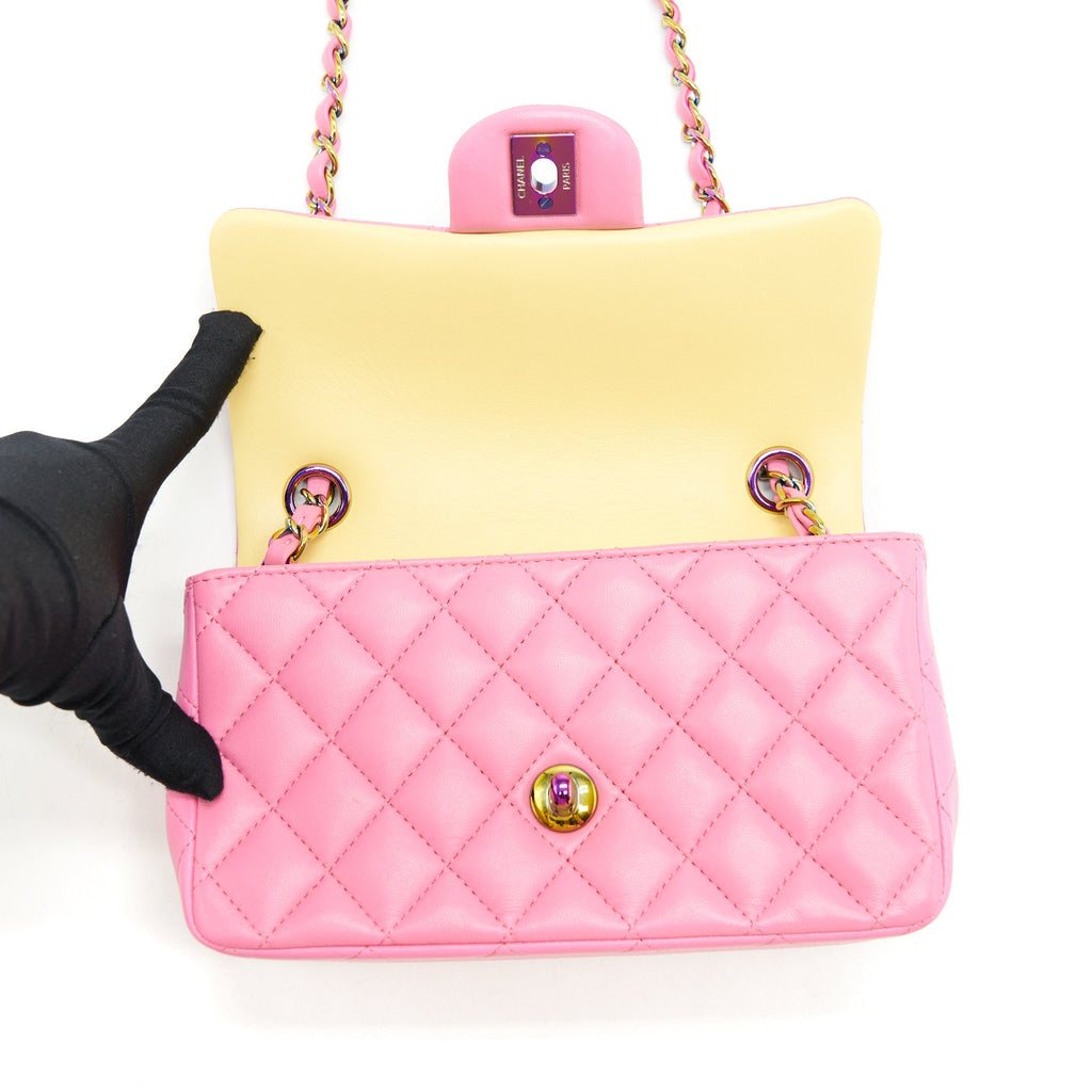 CHANEL MINI RECTANGULAR FLAP BAG LAMBSKIN PINK WITH RAINBOW HARDWARE