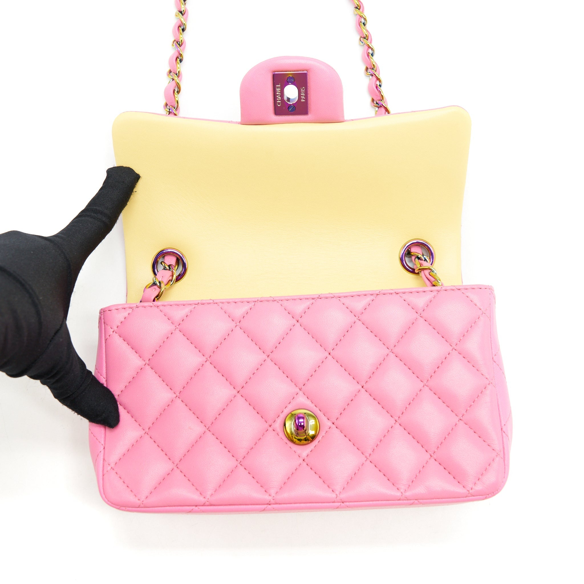 CHANEL MINI RECTANGULAR FLAP BAG LAMBSKIN PINK WITH RAINBOW HARDWARE