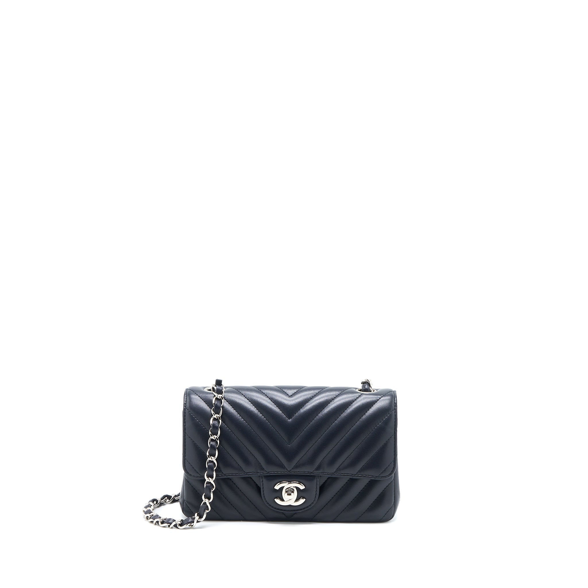 CHANEL MINI RECTANGULAR FLAP BAG CHEVRON LAMBSKIN NAVY SHW