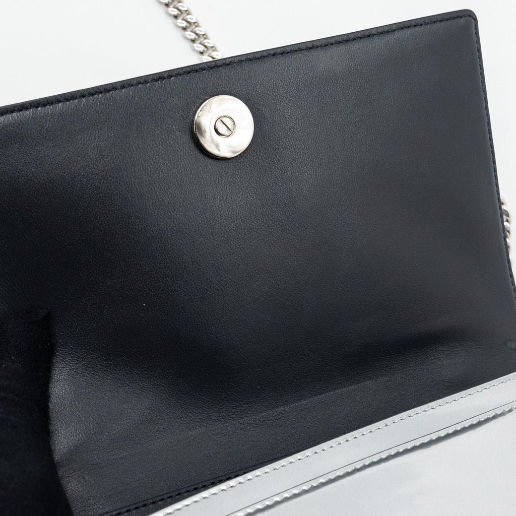 DIOR DIORAMA WALLET ON CHAIN PATENT METALLIC SILVER SHW