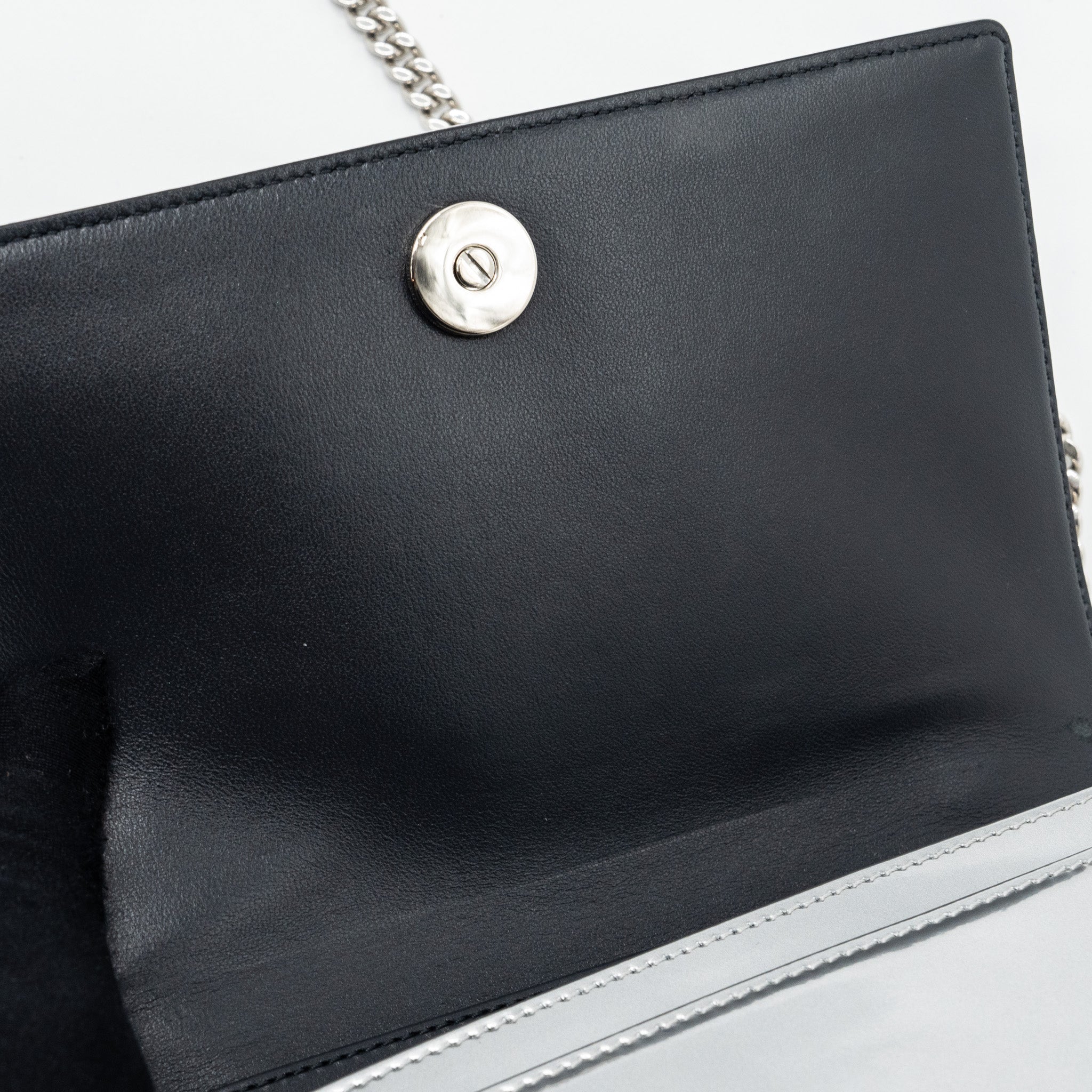 DIOR DIORAMA WALLET ON CHAIN PATENT METALLIC SILVER SHW