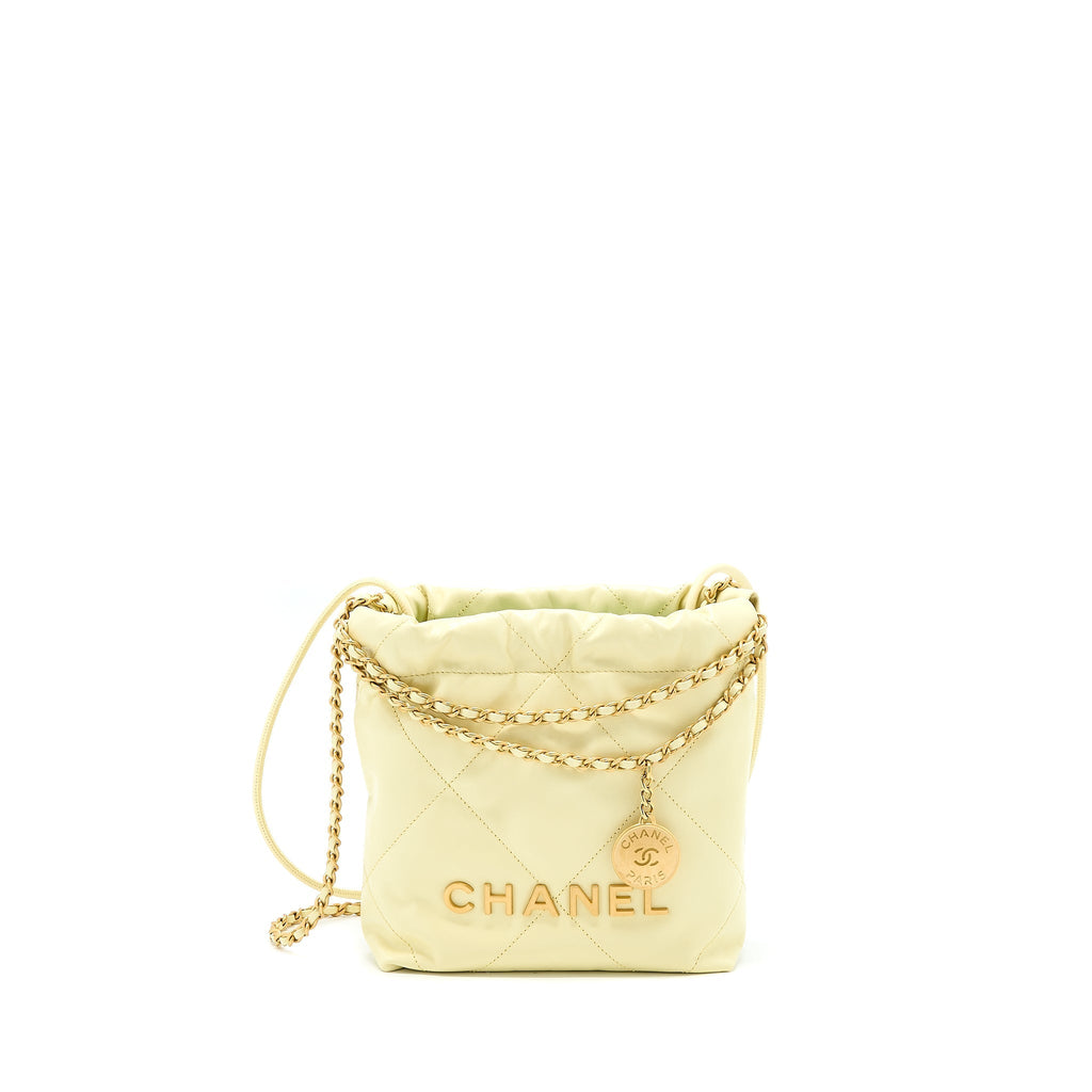 CHANEL 23S MINI 22 BAG SHINY CALFSKIN LIGHT YELLOW GHW (MICROCHIP)