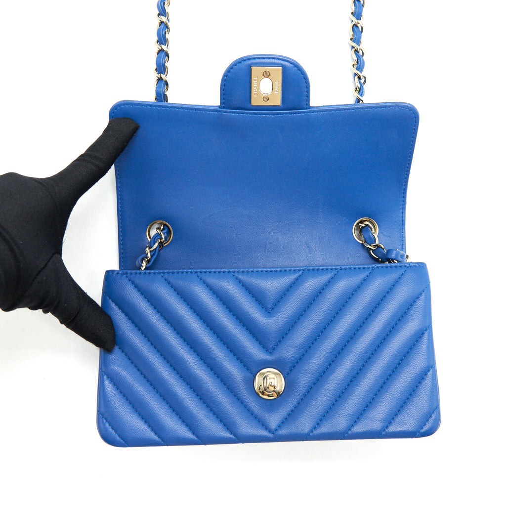 CHANEL MINI RECTANGULAR FLAP BAG CHEVRON LAMBSKIN BLUE LGHW