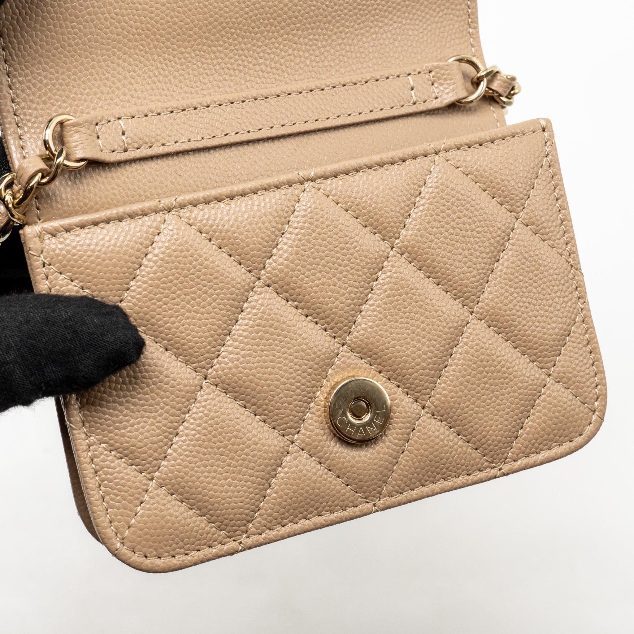 CHANEL MINI FLAP CLUTCH WITH CHAIN CAVIAR DARK BEIGE LGHW (MICROCHIP)