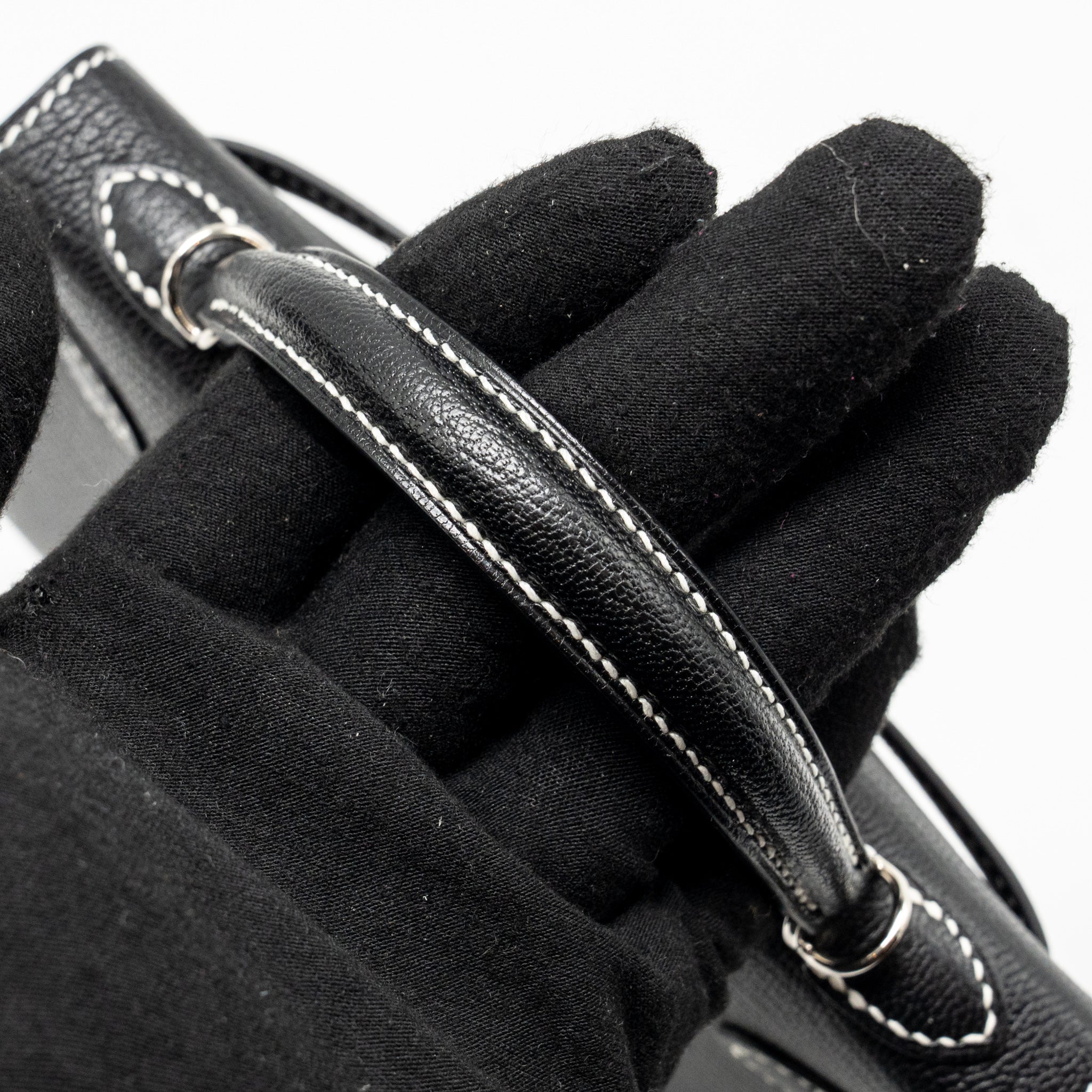 HERMES MINI KELLY II SPECIAL ORDER CHEVRE MYSORE BLACK / GRIS PERLE WHITE STITCHING SHW