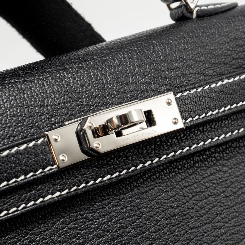 HERMES MINI KELLY II SPECIAL ORDER CHEVRE MYSORE BLACK / GRIS PERLE WHITE STITCHING SHW
