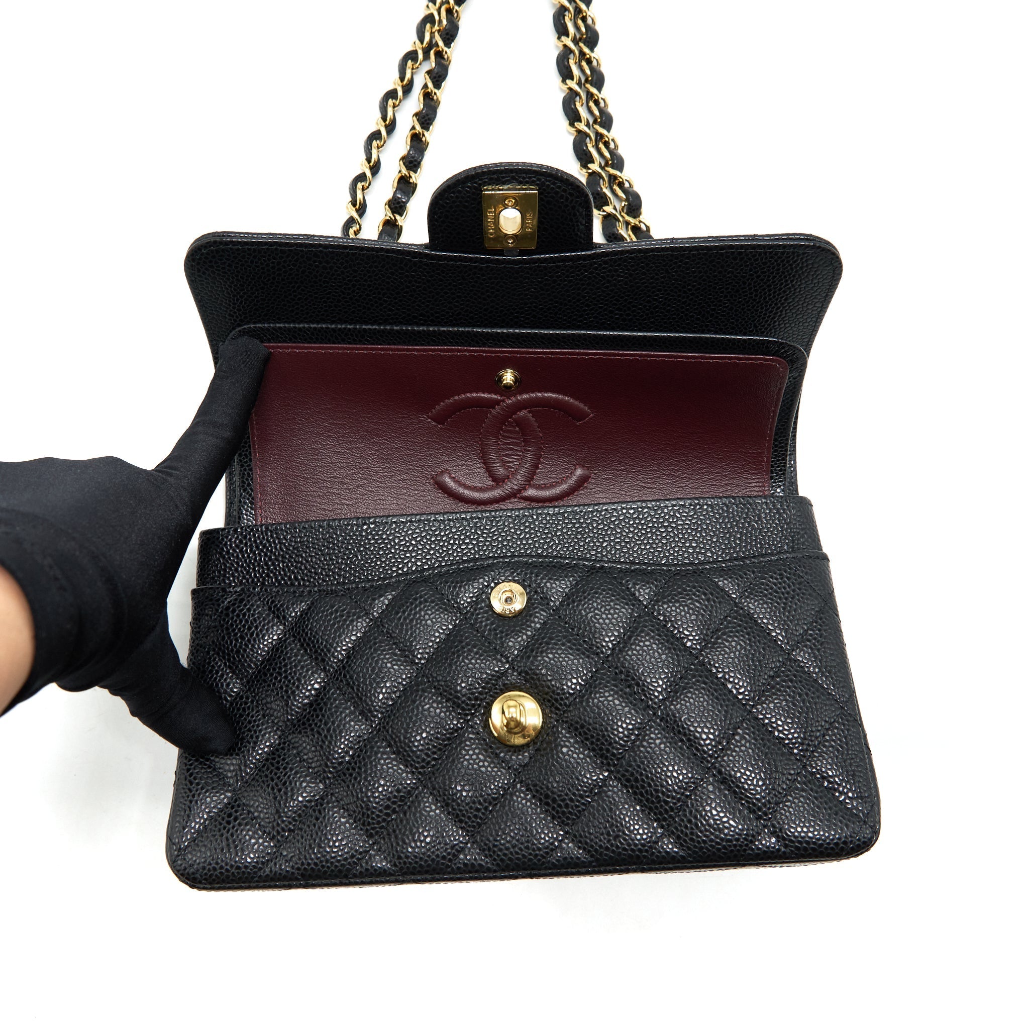 CHANEL SMALL CLASSIC DOUBLE FLAP CAVIAR BLACK GHW (MICROCHIP)