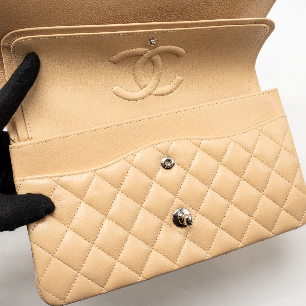 CHANEL MEDIUM CLASSIC DOUBLE FLAP BAG CAVIAR BEIGE SHW (MICROCHIP)